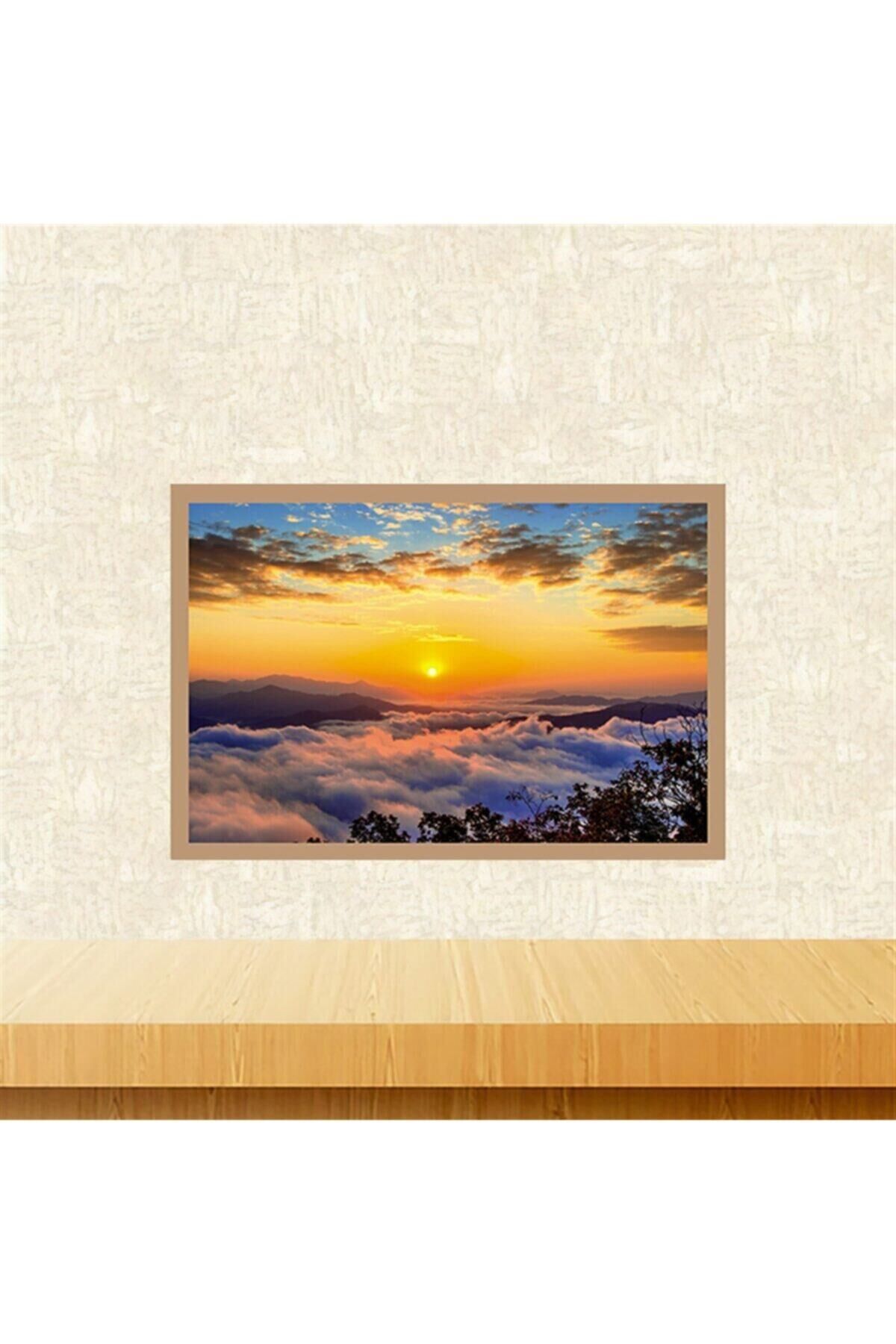 Güneş Bulut Manzaralı Tasarımlı 20-30 Cm Retro Ahşap Tablo Tkfx6033
