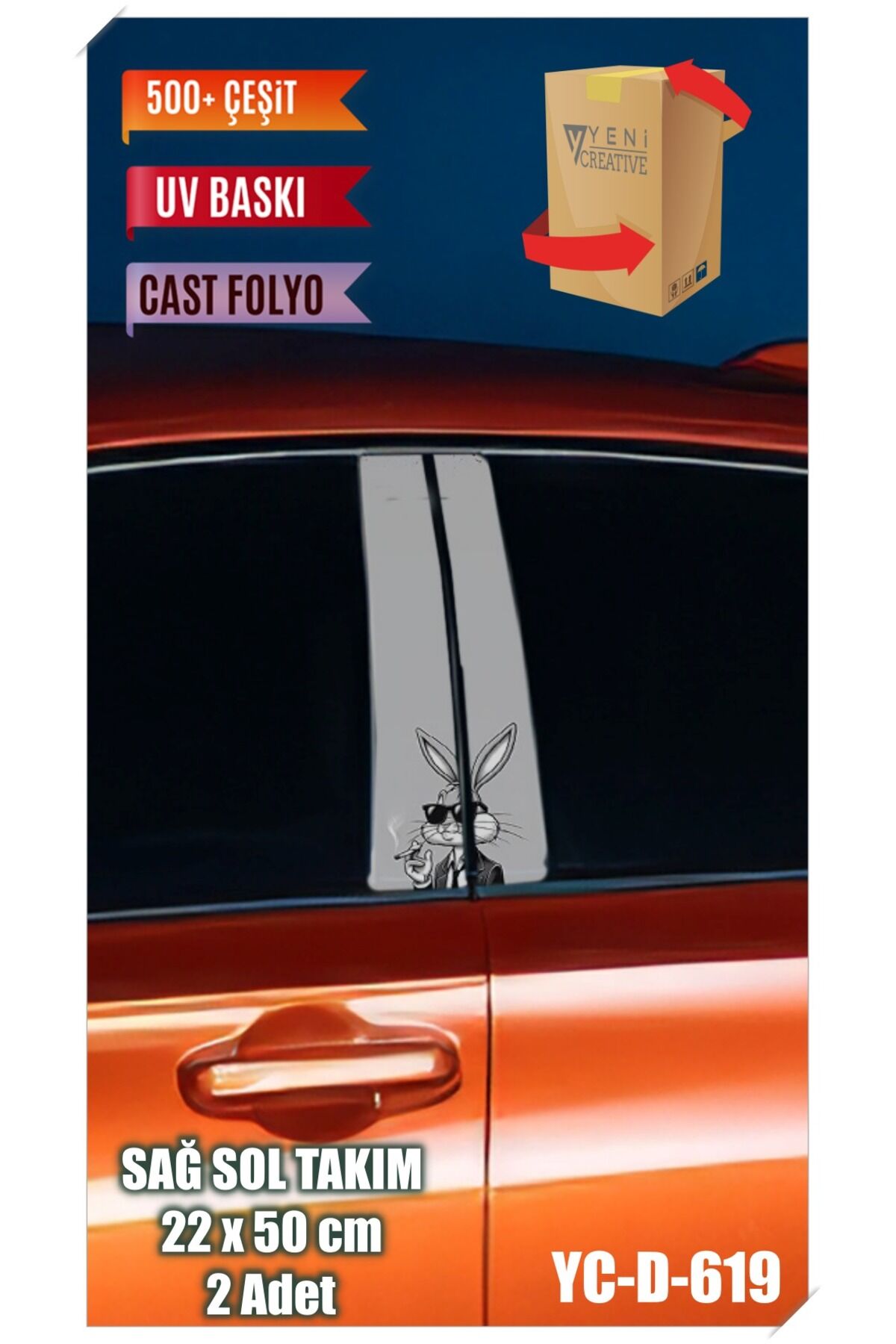 Araç Kapı Direk Kaplama Folyosu Bugs BunnyDesenli (SAĞ SOL TAKIM) (2 ADET) - 22x50 Cm