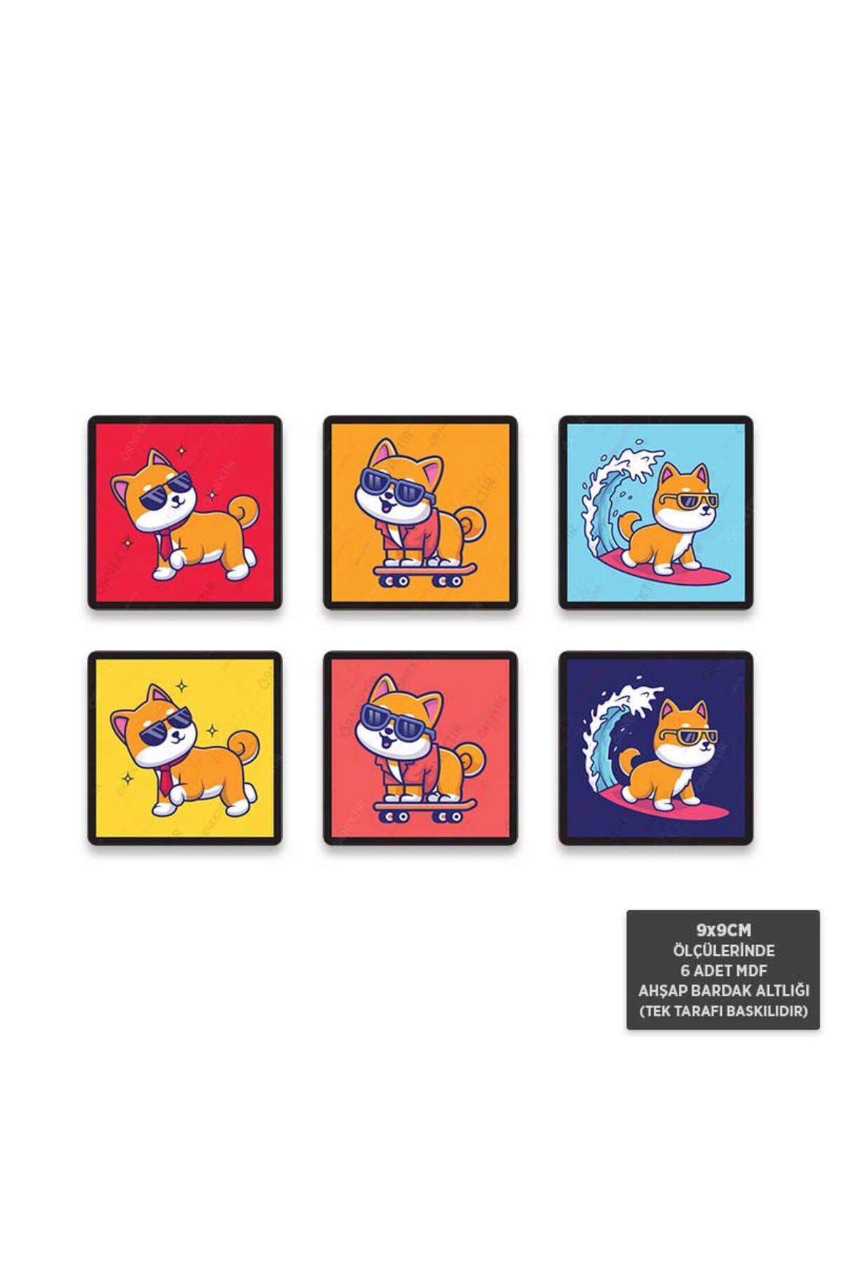 BA1007 - Sörf Yapan Tilki Mdf Ahşap Bardak Altlığı Seti (6 Adet - 9x9cm)