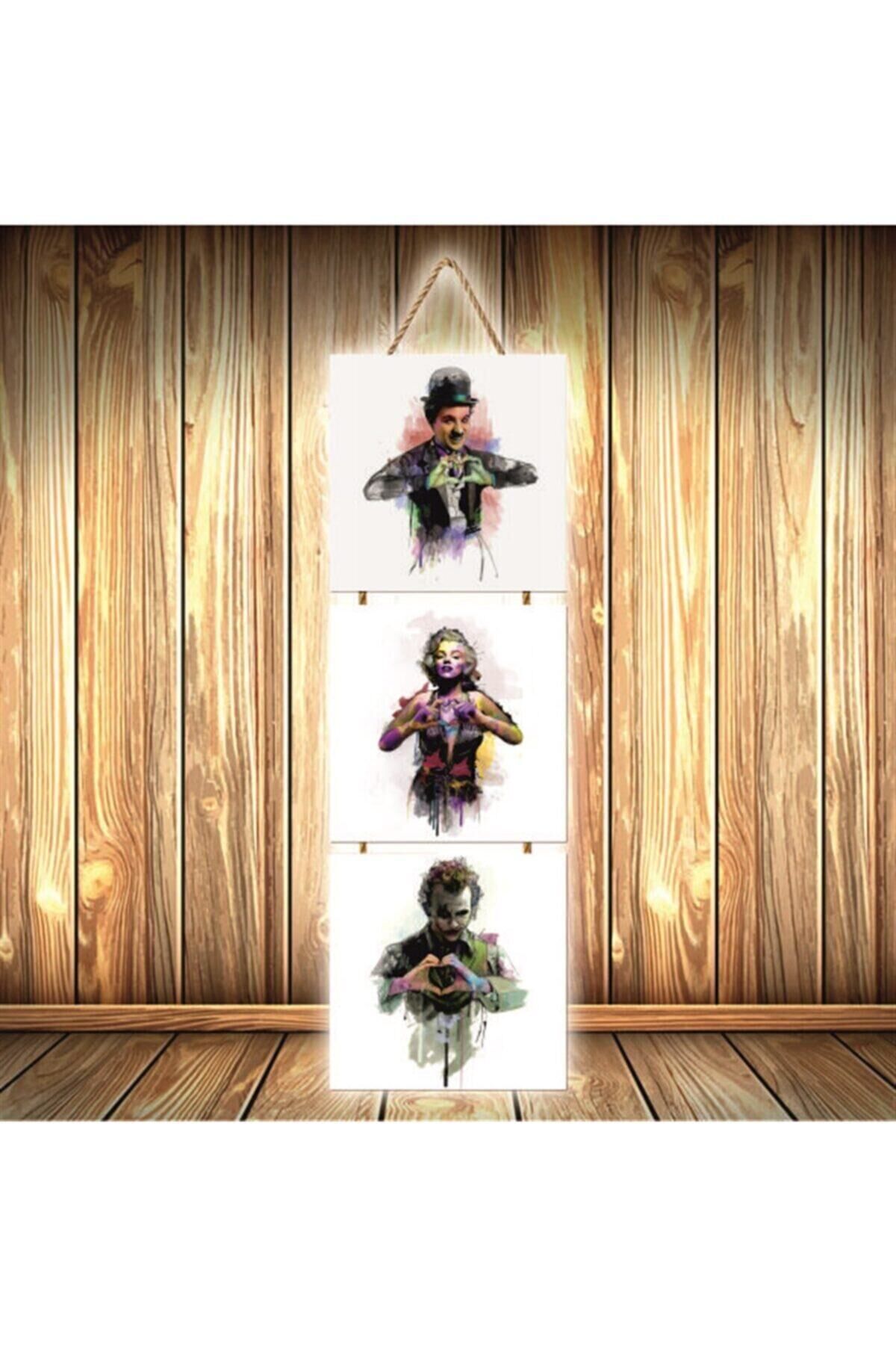 Charlie Chaplin Marilyn Monroe Joker Tasarımlı Üçlü Retro Ahşap Poster Ü356