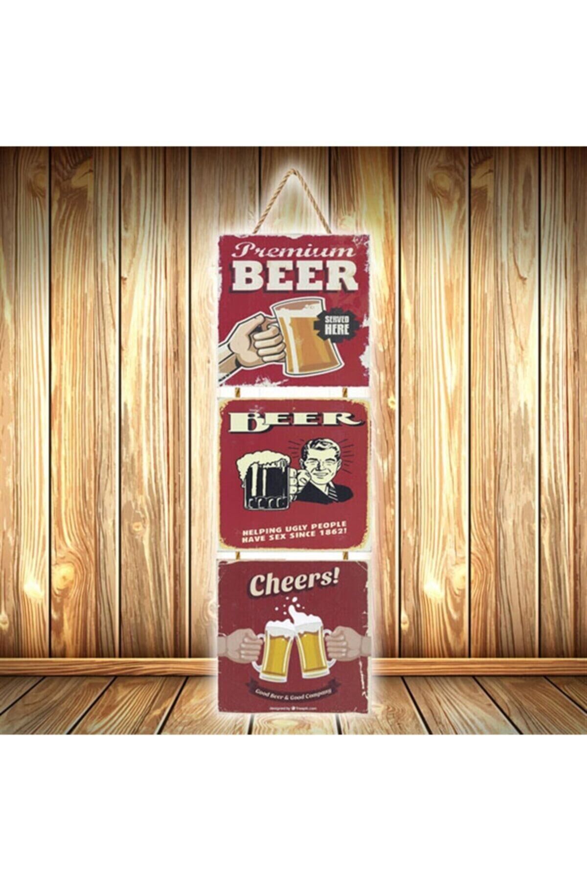 Premium Beer Tasarımlı Üçlü Retro Ahşap Poster Ü569