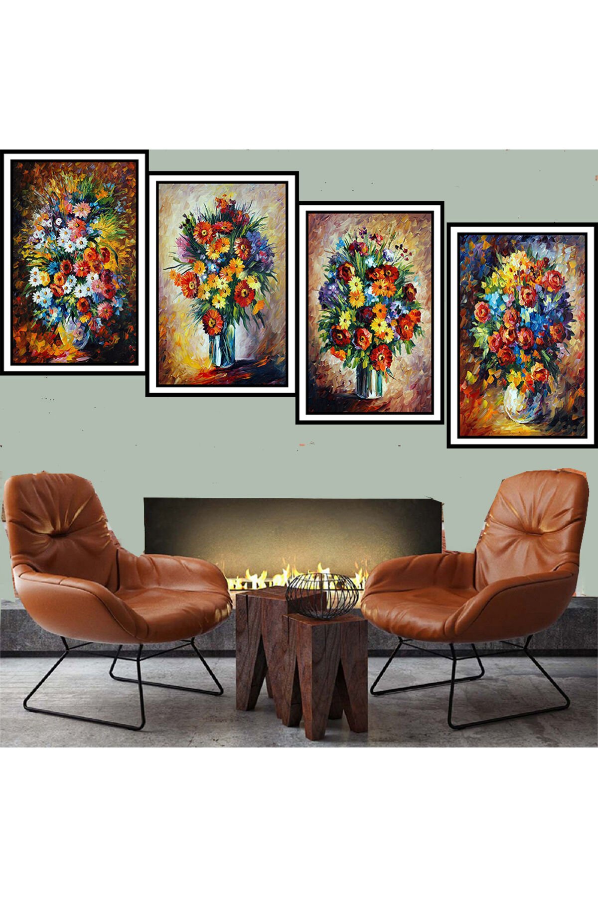 Vazo Tasarımlı 4 Adet 20x30 Cm Retro Ahşap Tablo