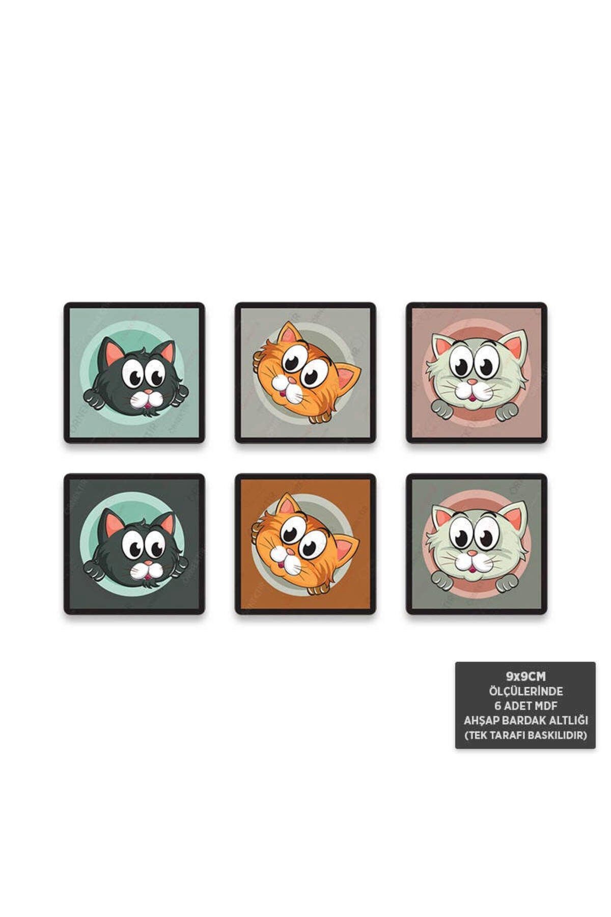 BA1001 - Kedili Mdf Ahşap Bardak Altlığı Seti (6 Adet - 9x9cm)