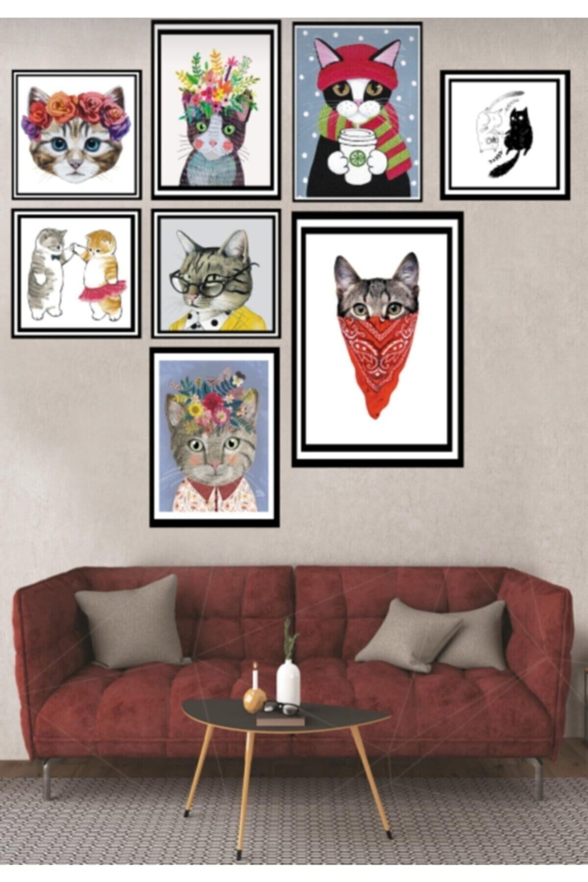 8'li Kedi Tasarım Ahşap Duvar Poster Seti