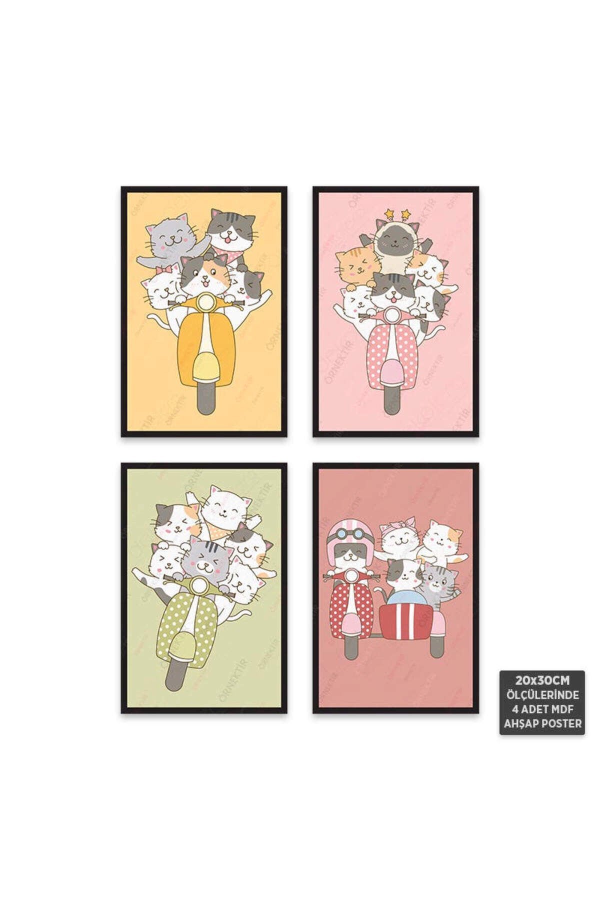 PS1019 - Motosikletli Kediler Modern Mdf Ahşap Poster Set (4 Adet - 20x30cm)