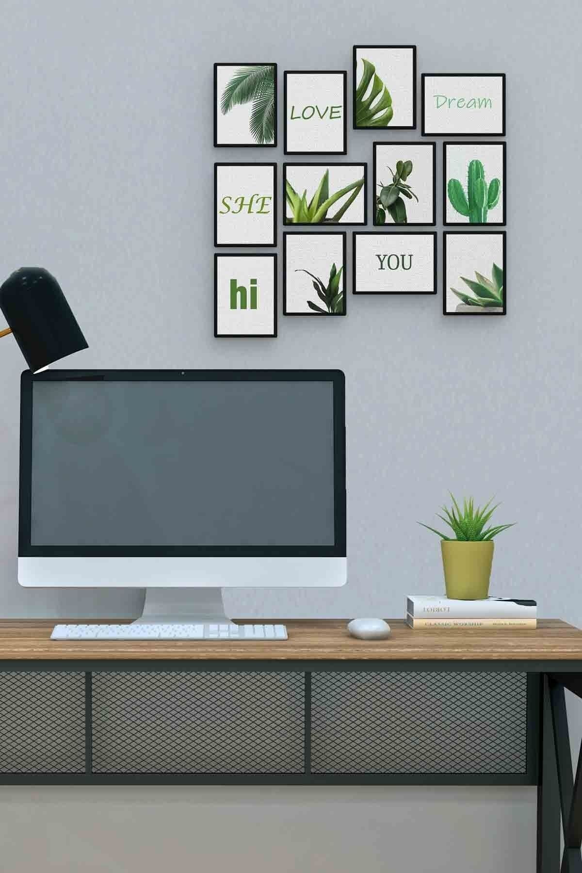 Yeşil Bitkiler 12 Parça Mdf (ahşap) Tablo Ofis Boyu