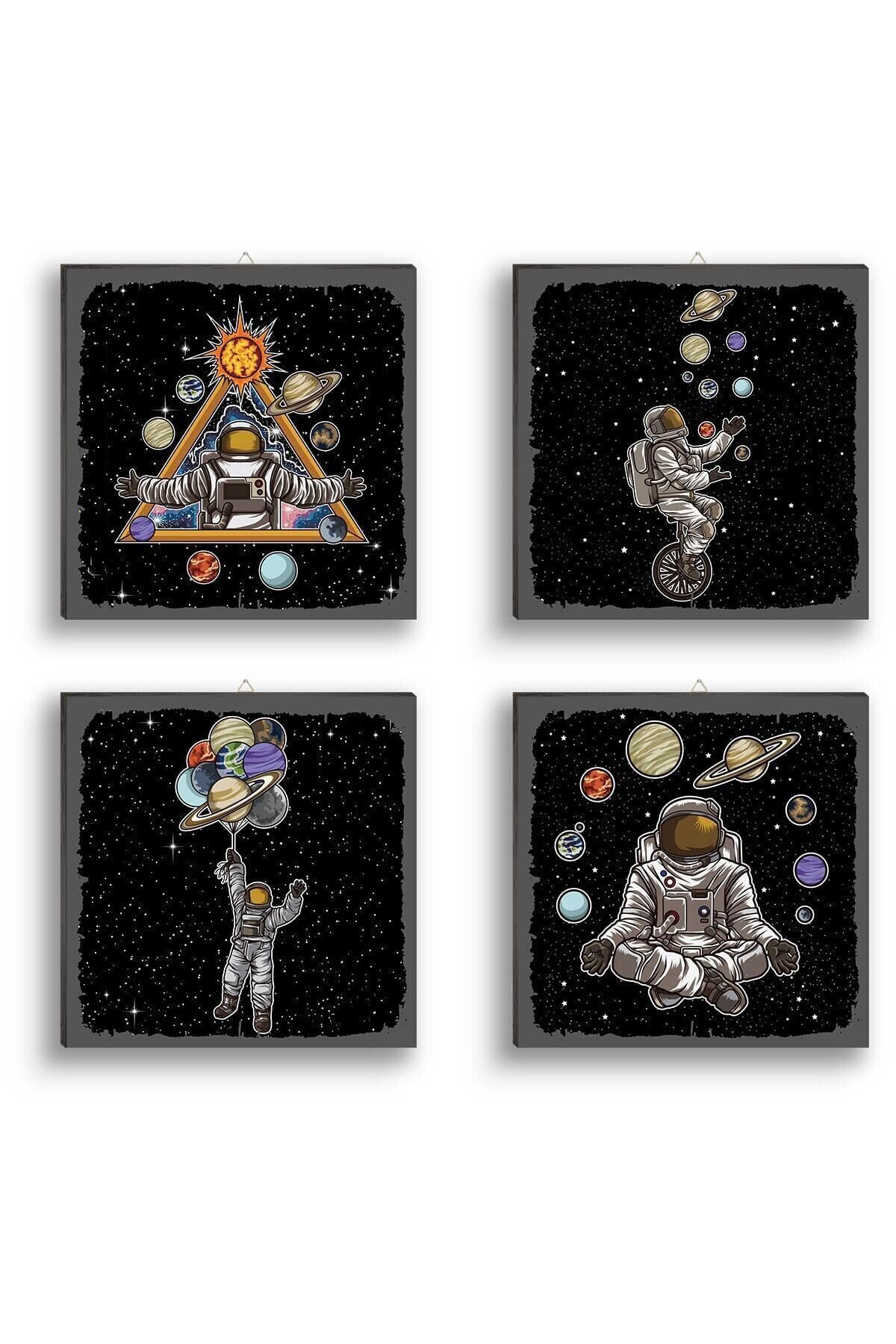 Astronot Ve Gezegenler Tablo 20x20 4'lü Set