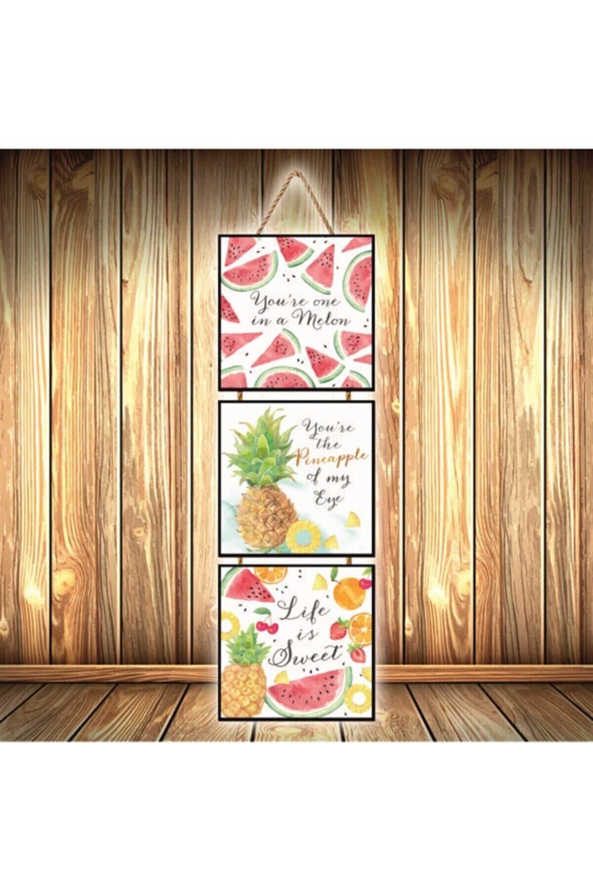 Yaz Meyveleri Tasarımlı Üçlü Retro Ahşap Poster Ü323