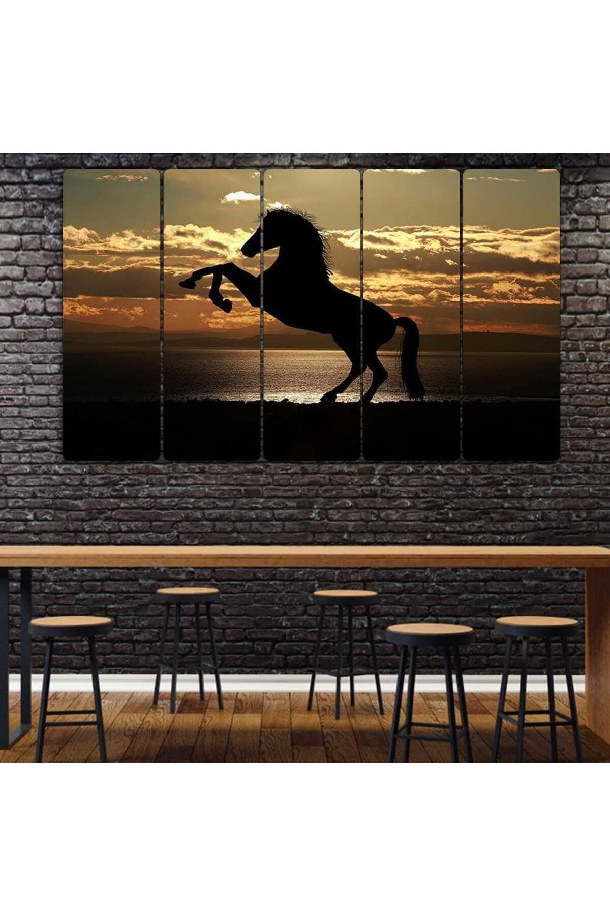Şahlanan At, Günbatımı Manzara - 5 Parçalı Tablo