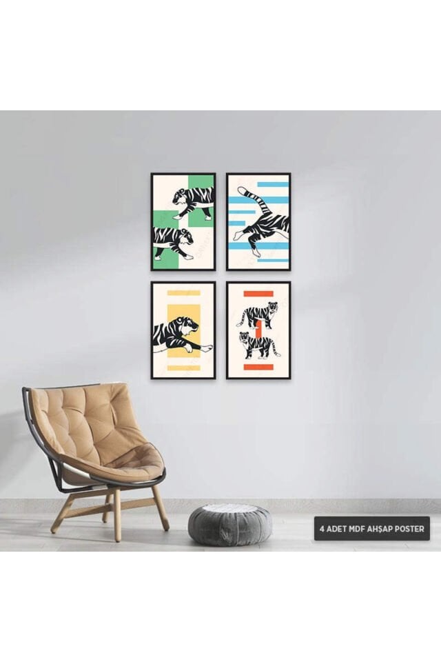 PS1037 - Kaplan Modern Mdf Ahşap Poster Set (4 Adet - 20x30cm)