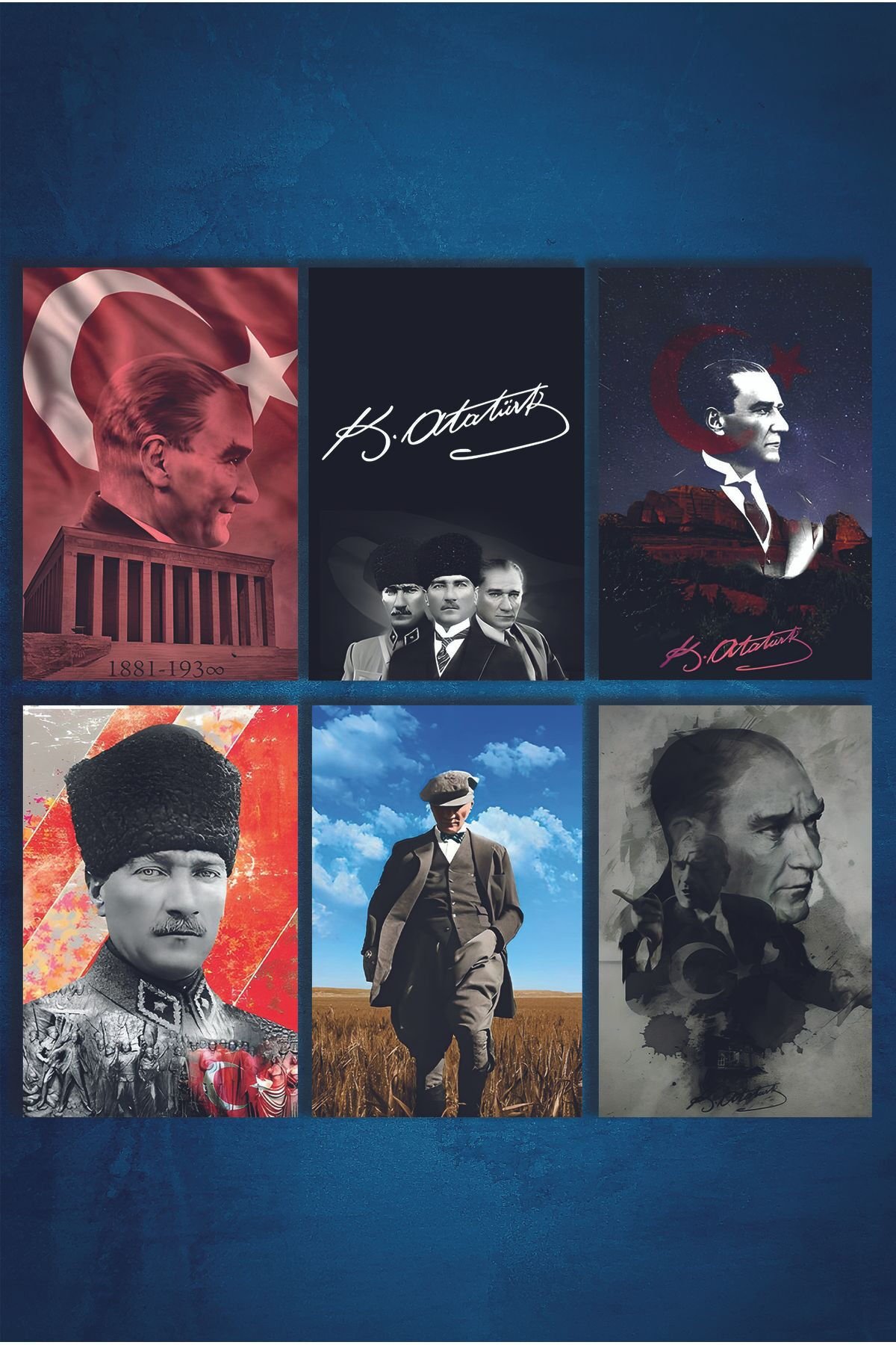 Mustafa Kemal Atatürk Retro Ahşap Poster 6 Adet(15x20)