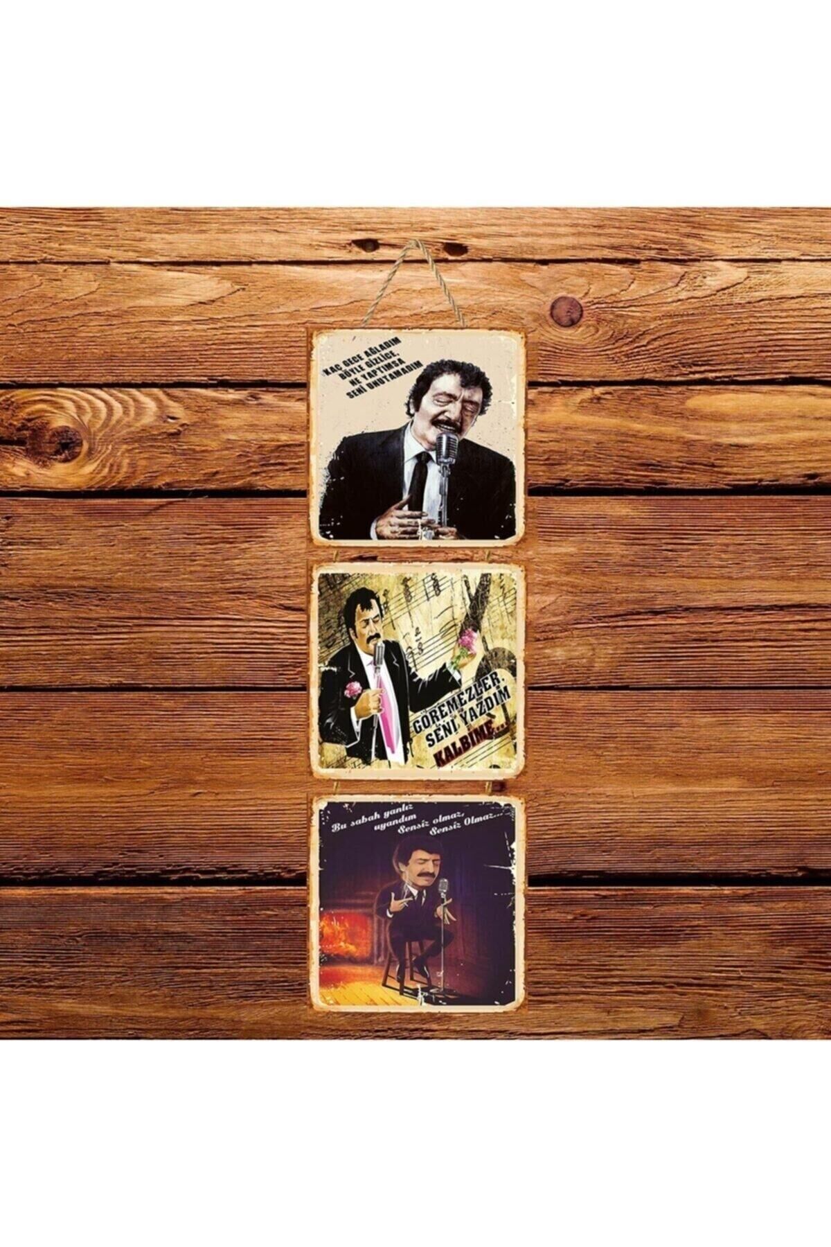 Müslüm Gürses Seni Unutamadım Üçlü Retro Ahşap Poster