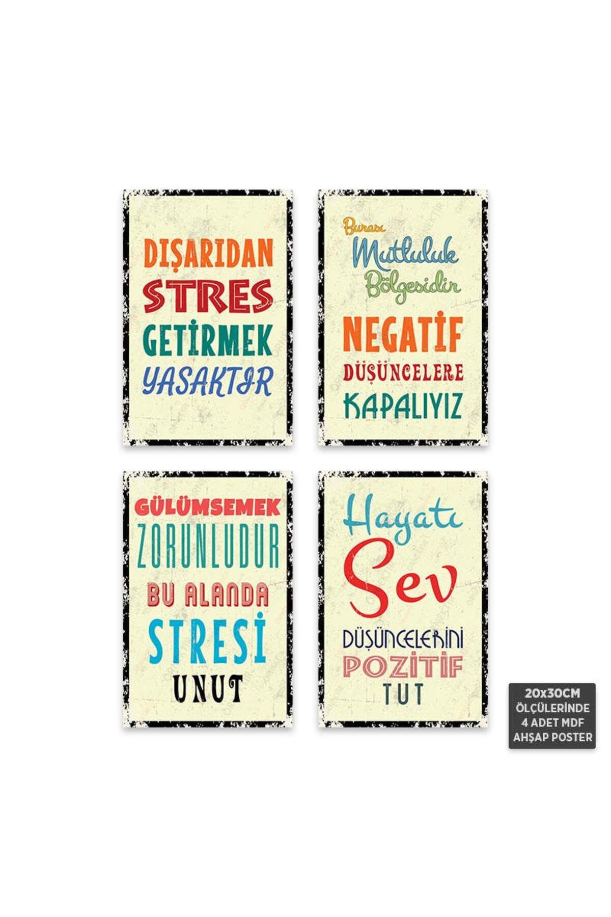 PS1124 - Türkçe Motivasyon İçerikli Retro Mdf Ahşap Poster Set (4 Adet - 20x30cm)