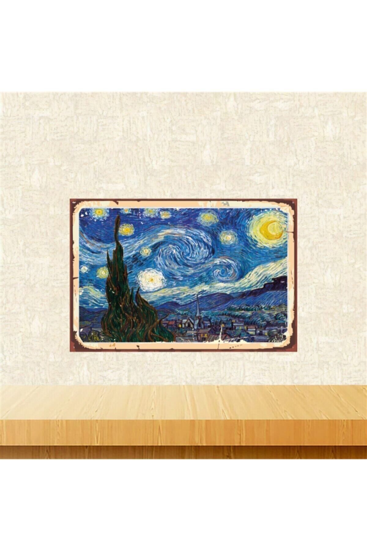 Vincent Van Gogh Yıldızlı Gece 20-30 cm Retro Ahşap Tablo Tkfx5377