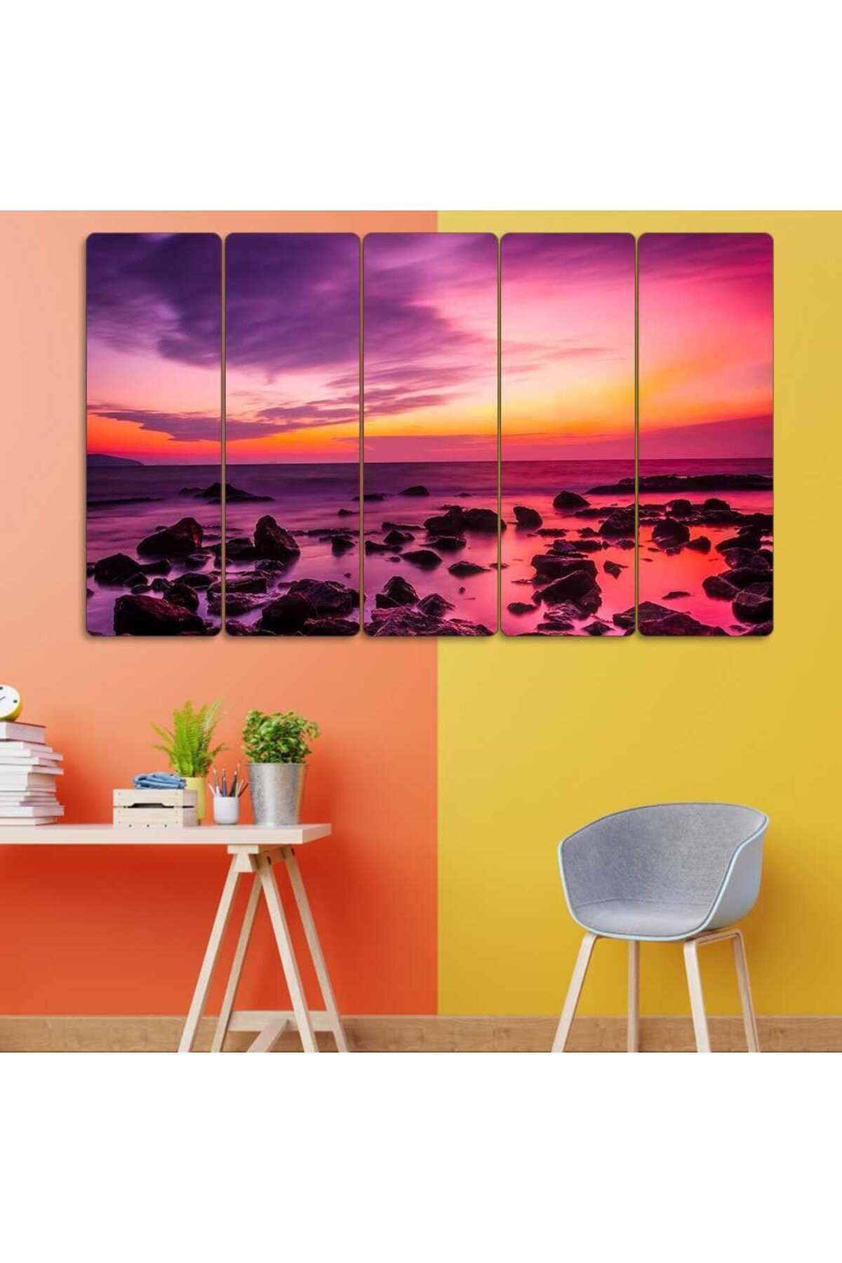 Sahildeki Kayalıklar, Kumsal, Günbatımı- 5 Parçalı Tablo