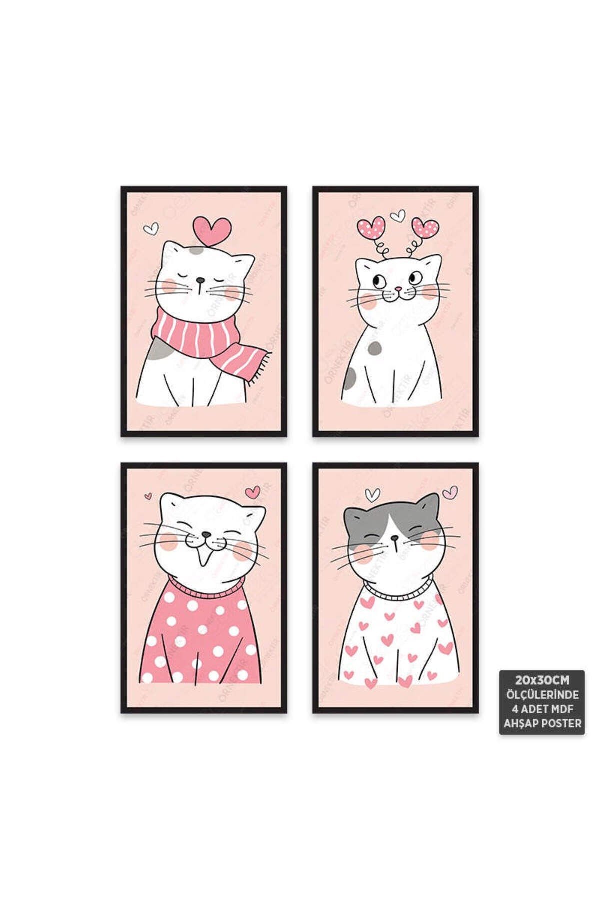 PS1021 - Sevimli Kediler Modern Mdf Ahşap Poster Set (4 Adet - 20x30cm)