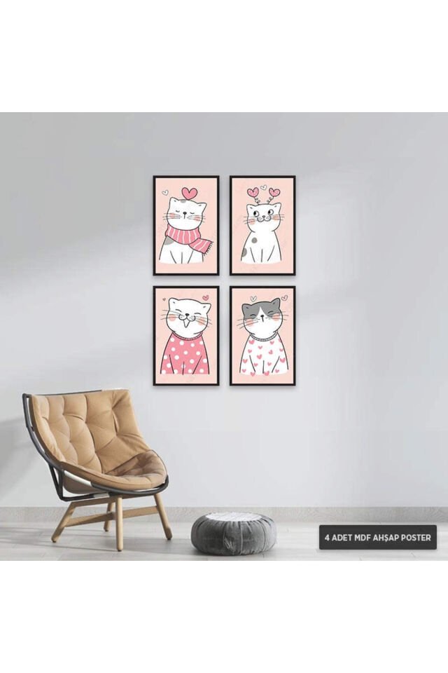PS1021 - Sevimli Kediler Modern Mdf Ahşap Poster Set (4 Adet - 20x30cm)