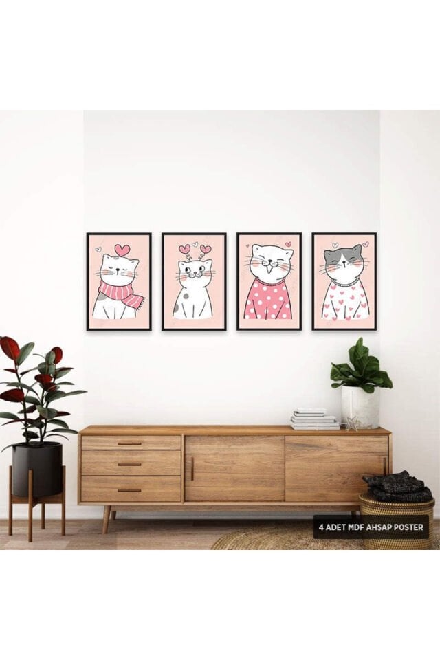 PS1021 - Sevimli Kediler Modern Mdf Ahşap Poster Set (4 Adet - 20x30cm)