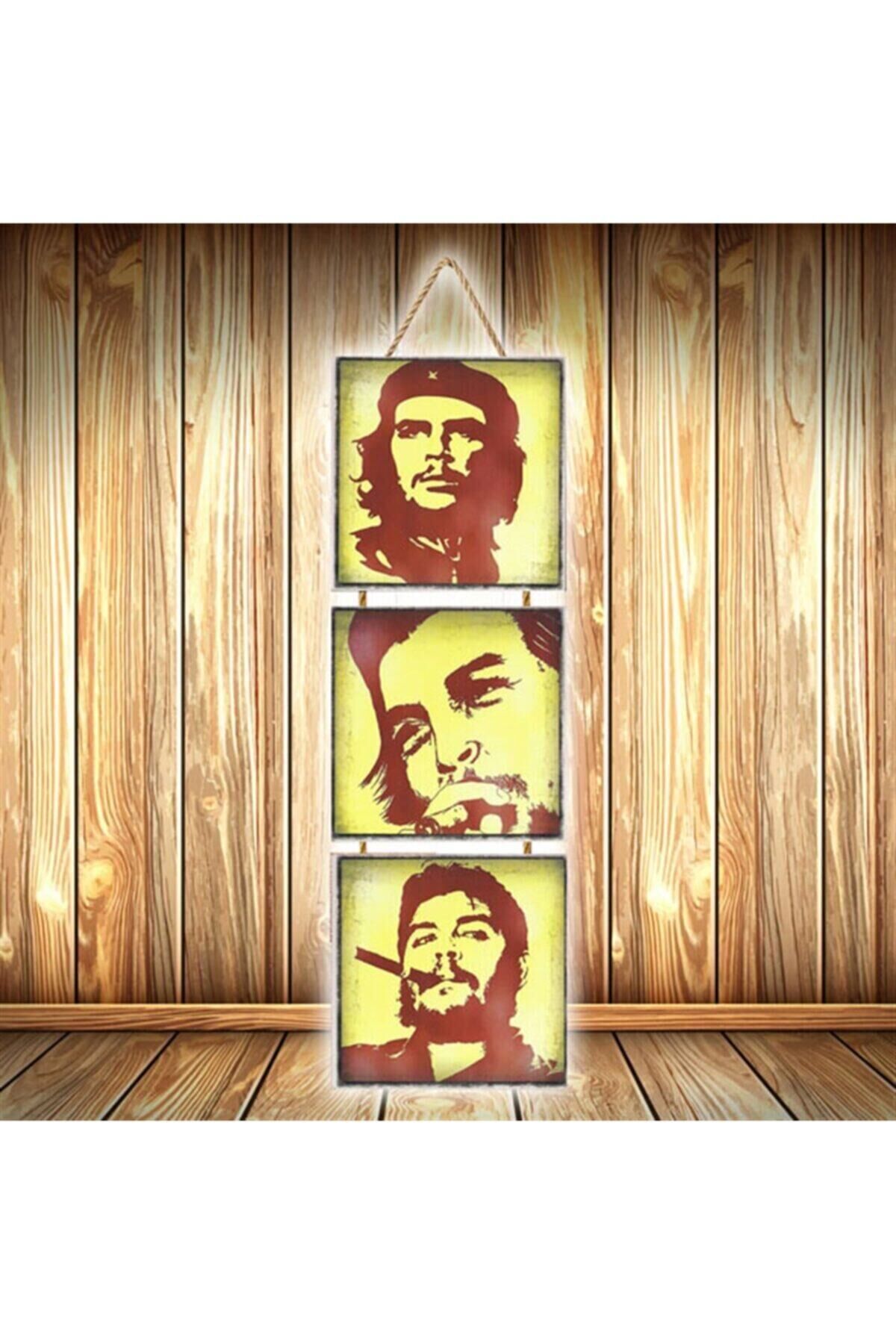 Che Guevara Tasarımlı Üçlü Retro Ahşap Poster Ü535
