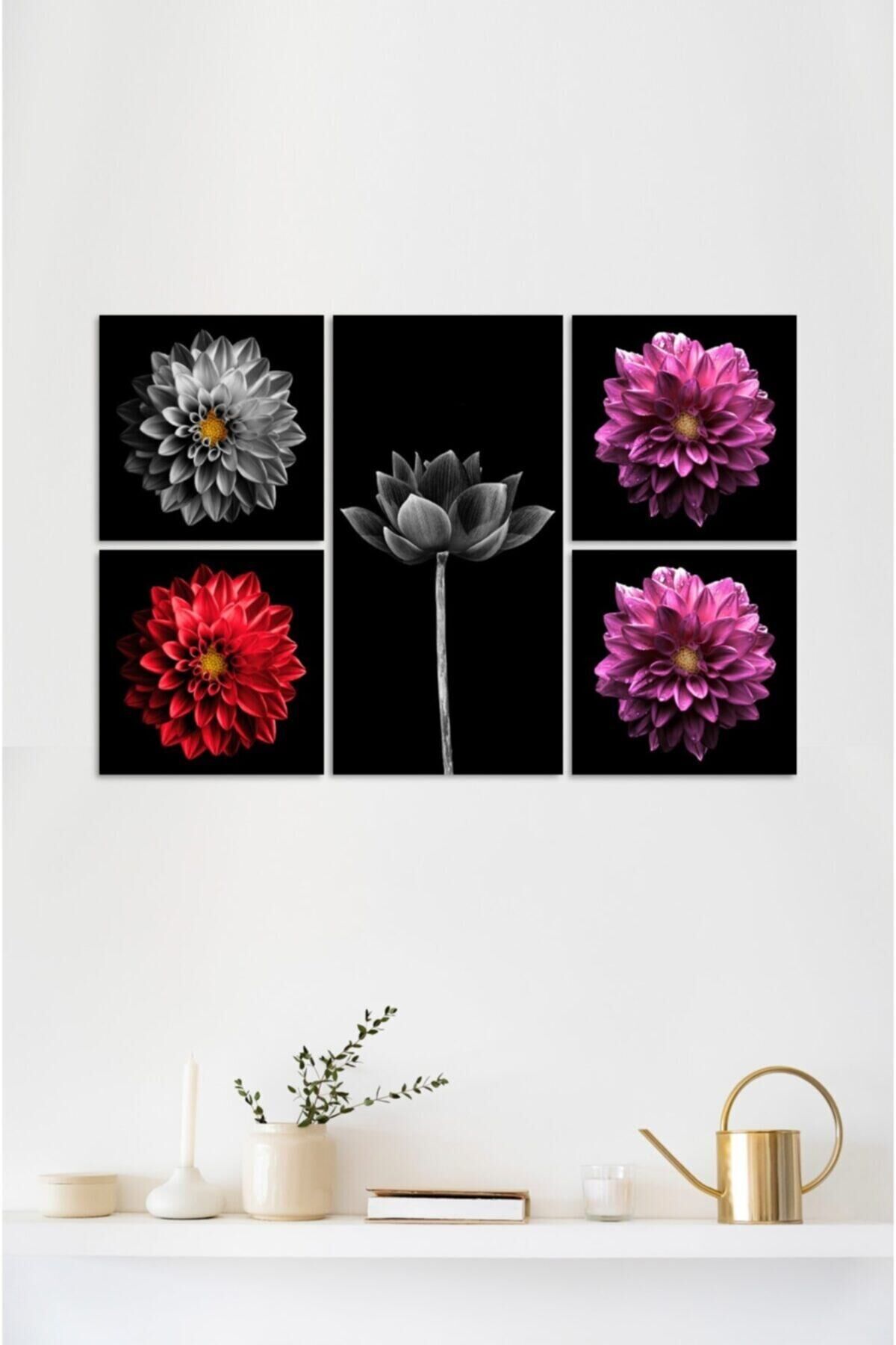 Hediyelik,dekoratif- Renkli Çiçekler 5 Parça Mdf Tablo