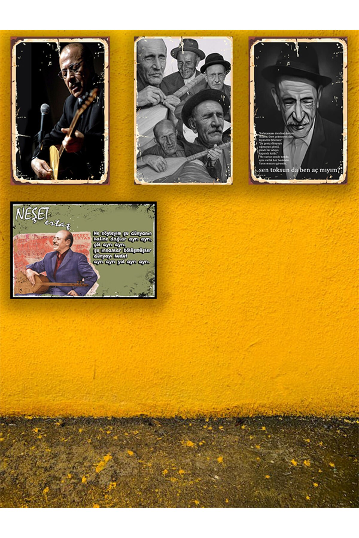 Neşet Ertaş & Aşık Veysel Seti 4 Adet 20x30 Cm Retro Ahşap Tablo