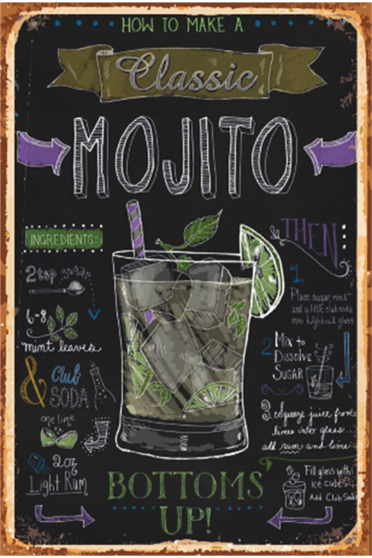 Kokteyl Mojito Alkol Kara Tahta Retro Ahşap Poster