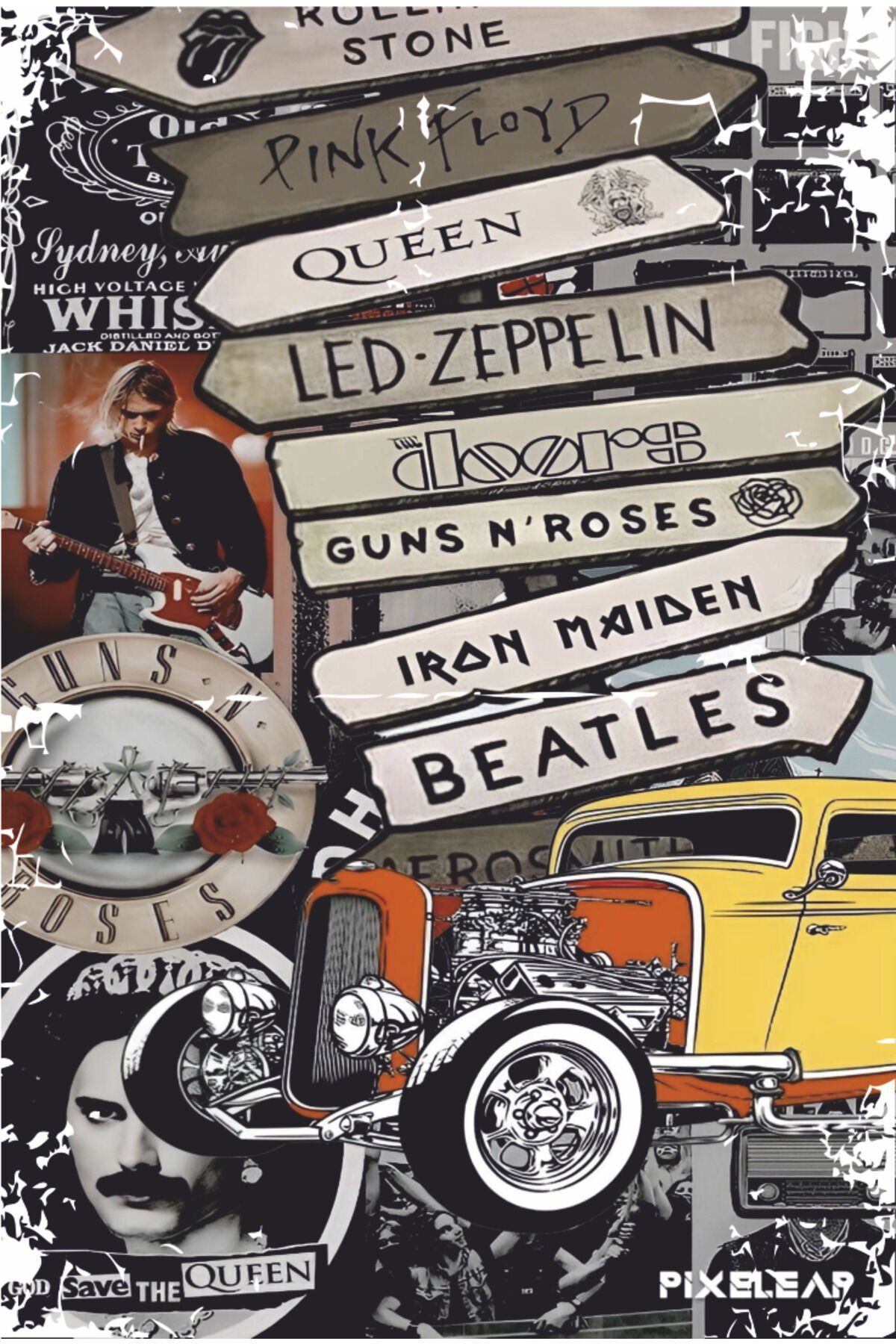 pink floyd queen led zeppelin doors guns n roses iron maiden beatles rock müzik retro ahşap poster