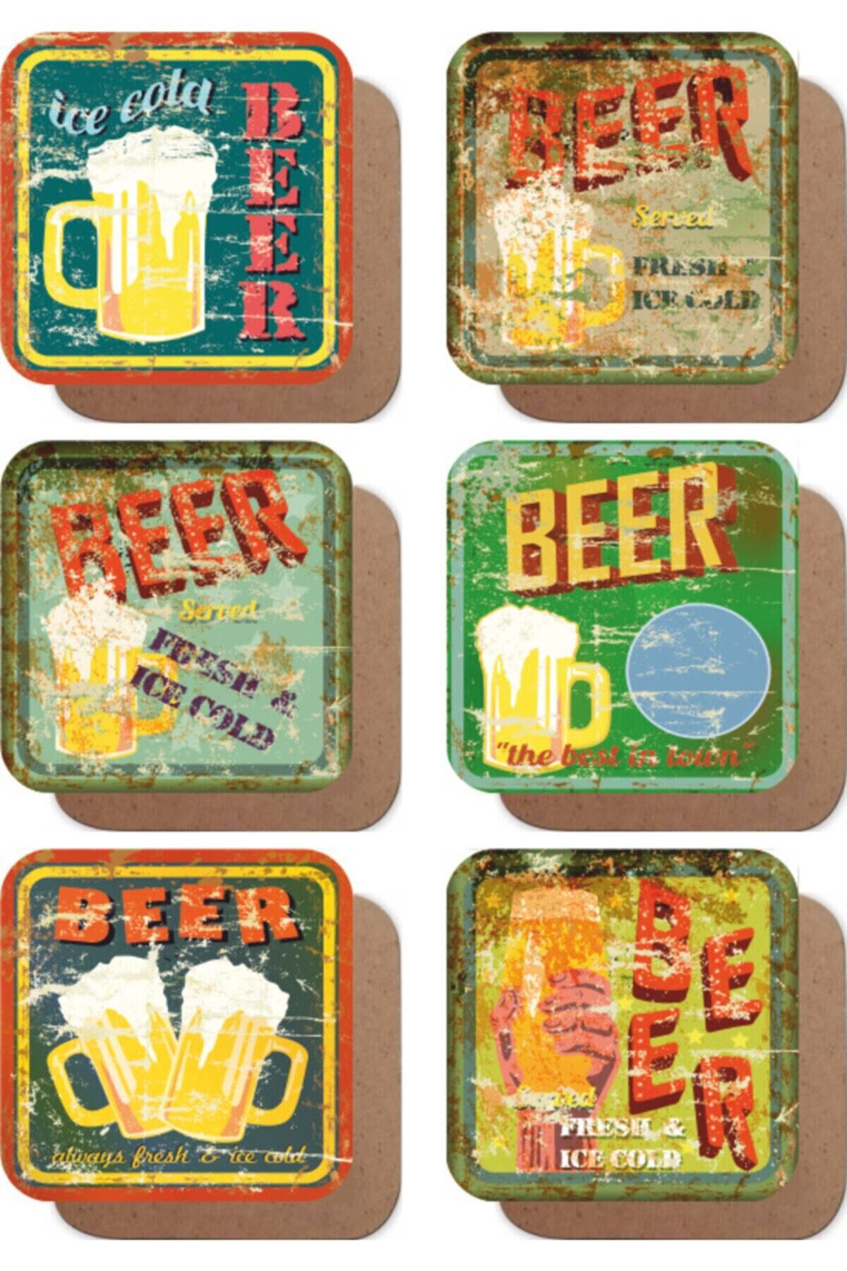 Eskitilmiş Vintage Temalı 6lı Retro Ahşap Bardak Altlığı Seti