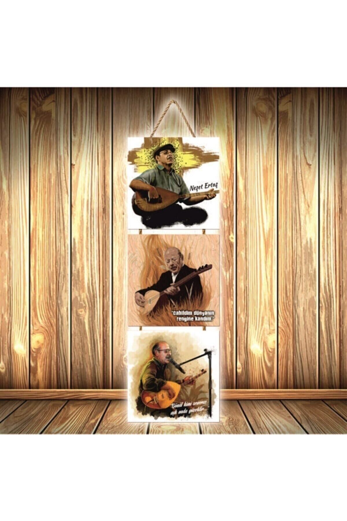 Neşet Ertaş Tasarımlı Üçlü Retro Ahşap Poster Ü486
