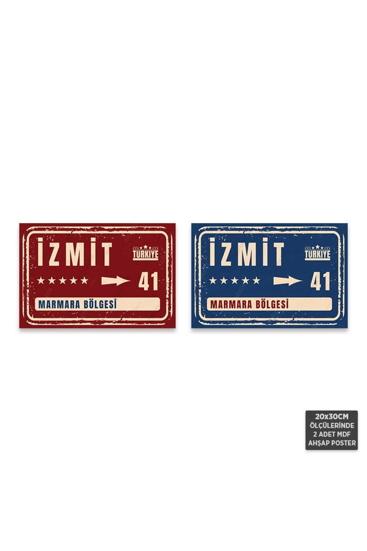 PS1080 - İzmit Şehir Tabelası Retro Mdf Ahşap Poster Set (2 Adet - 20x30cm)
