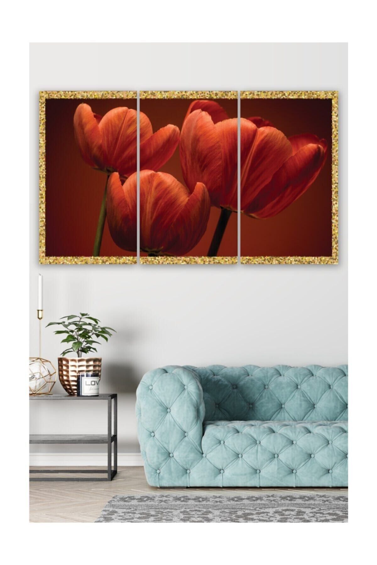 Hediyelik,dekoratif- Altın Laleler 3 Parça Mdf Tablo 2