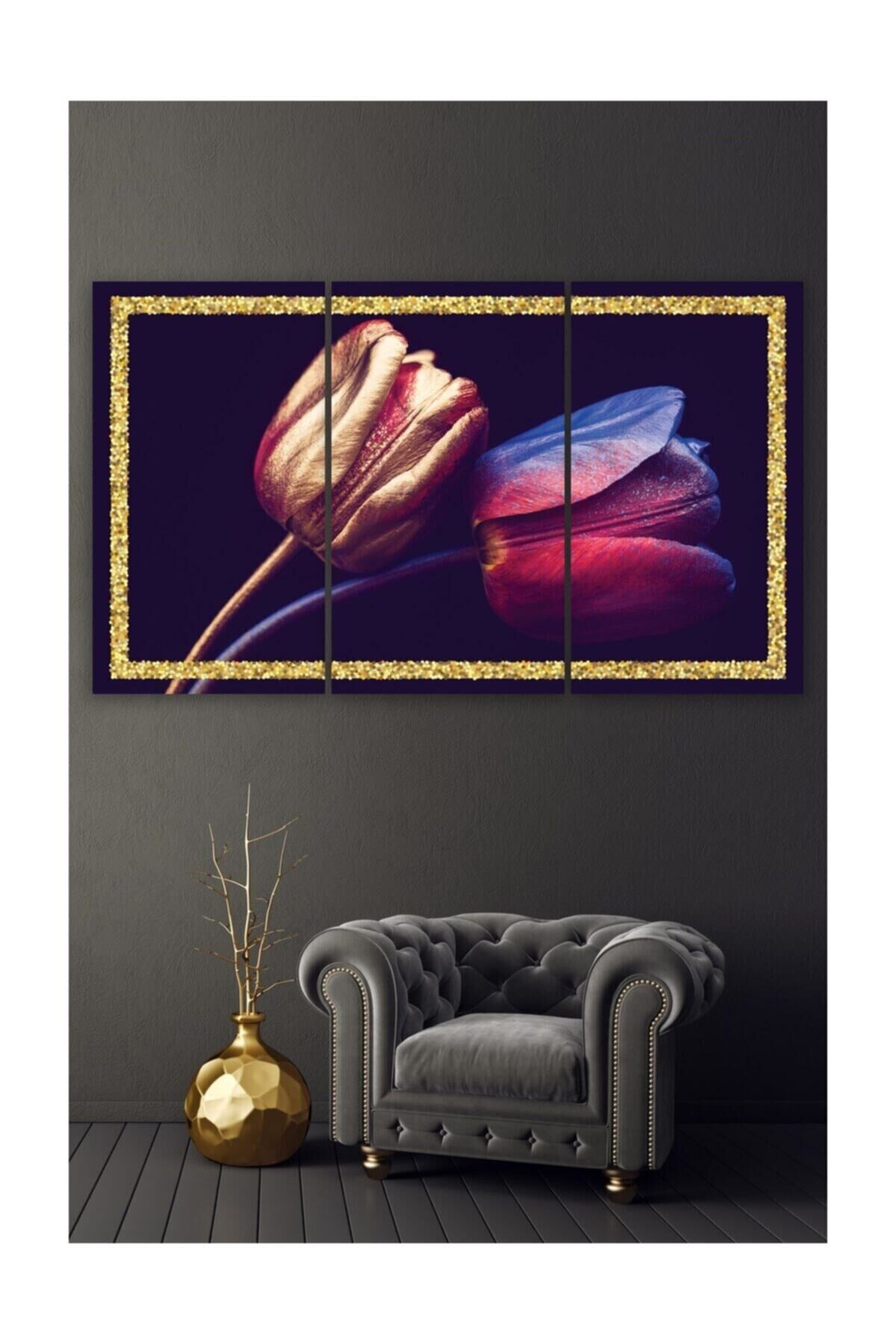 Hediyelik,dekoratif- Altın Laleler 3 Parça Mdf Tablo