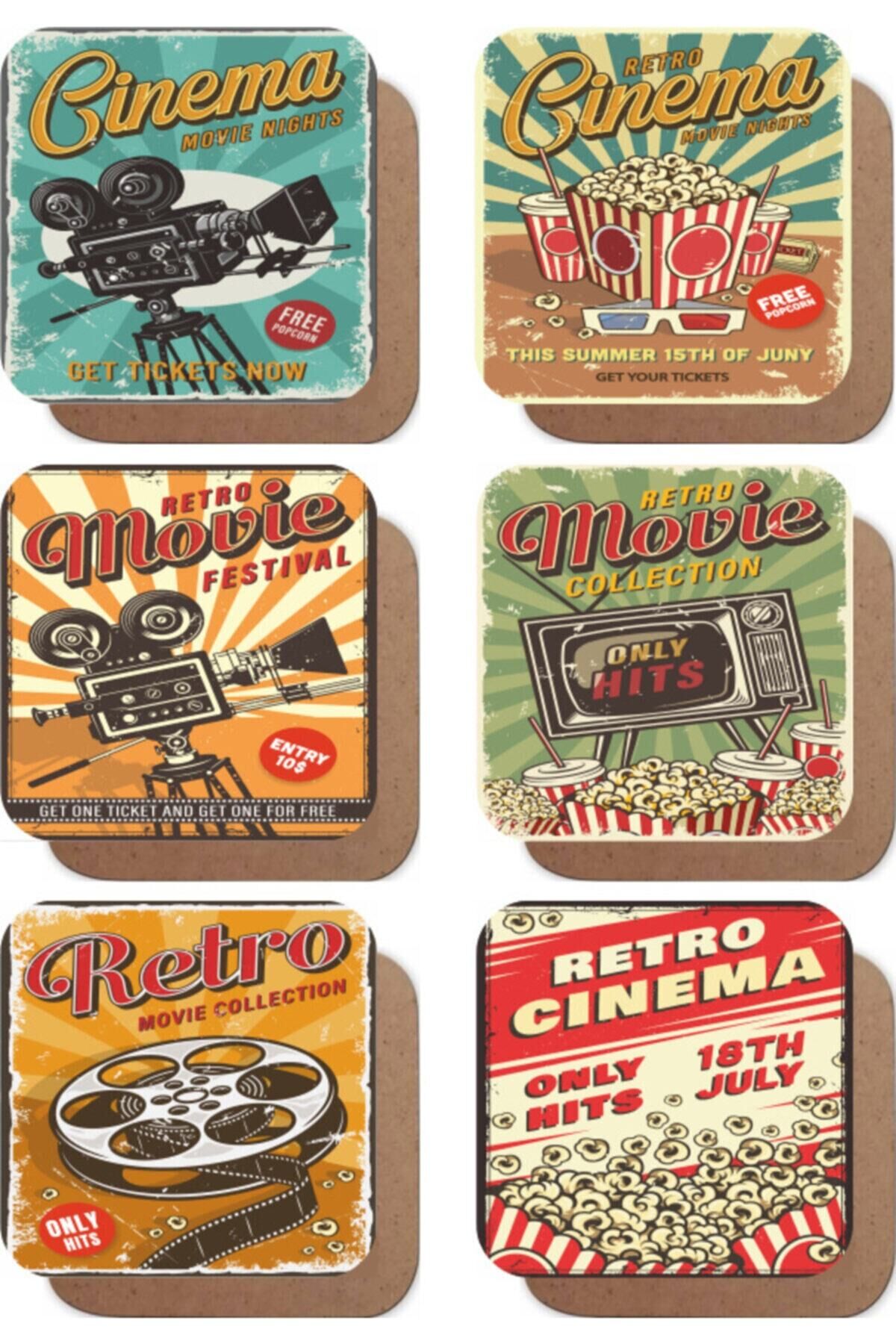 Vintage Sinema Temalı 6lı Retro Ahşap Bardak Altlığı Seti