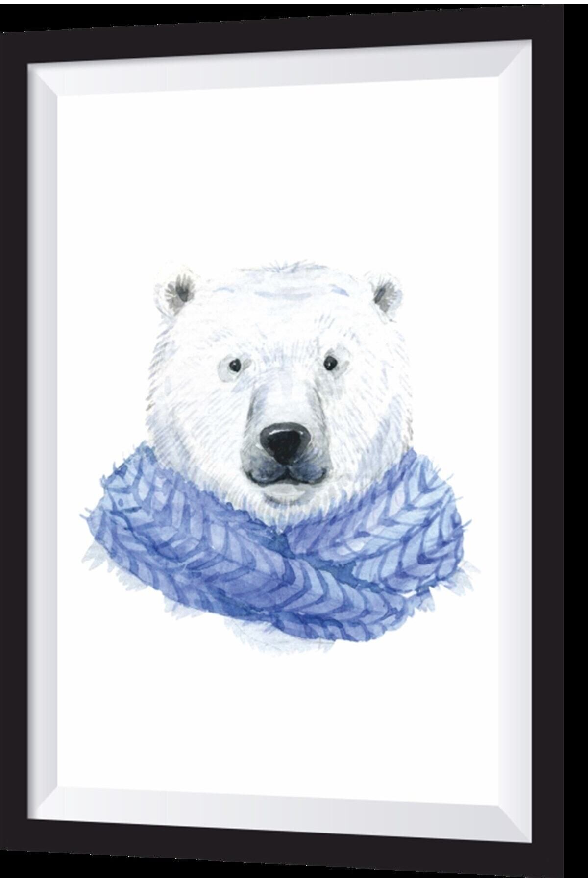 Mavi Atkılı Ayı Sanatsal Çerçeve Görünümlü Ahşap Tablo