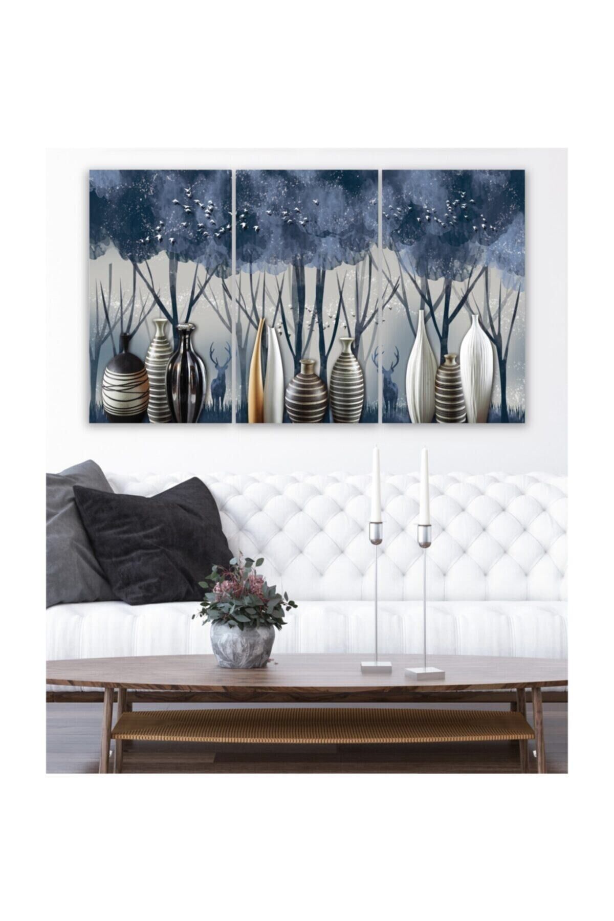 Hediyelik,dekoratif- Vazolar Ve Geyikler 3 Parça Mdf Tablo
