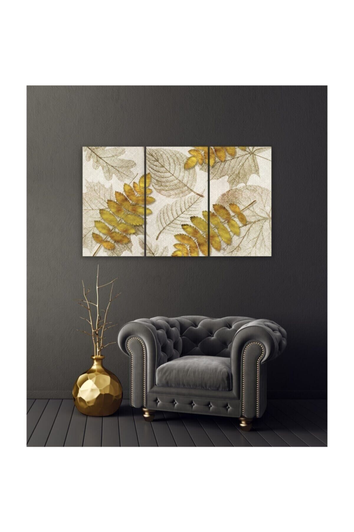 Hediyelik,dekoratif- Gold Çiçekler 3 Parça Mdf Tablo 3