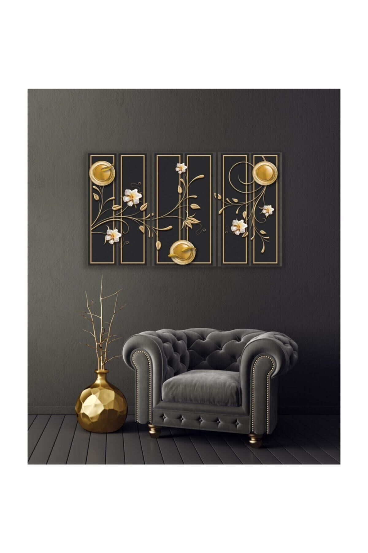 Hediyelik,dekoratif- Gold Yapraklar 3 Parça Mdf Tablo 3