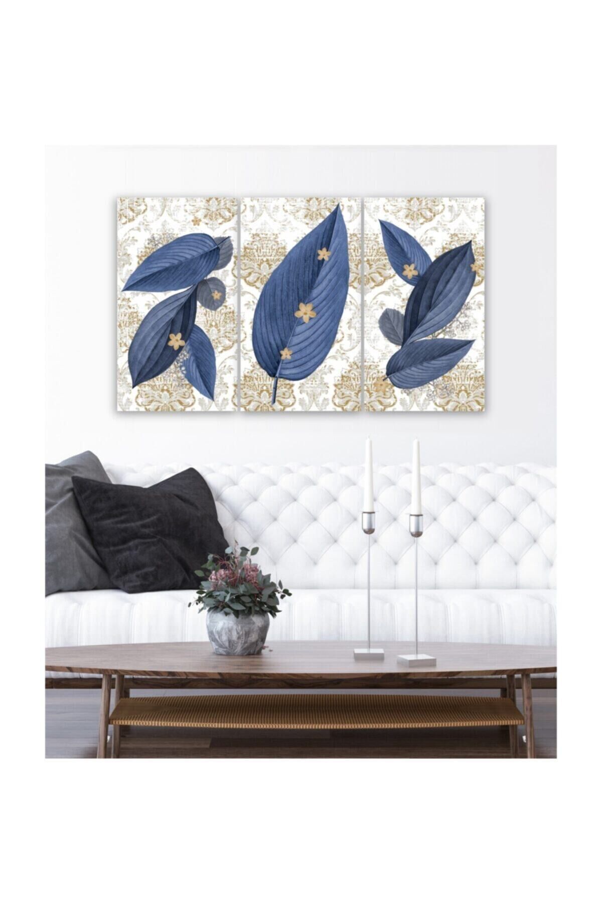 Hediyelik,dekoratif- Mavi Yapraklar 3 Parça Mdf Tablo