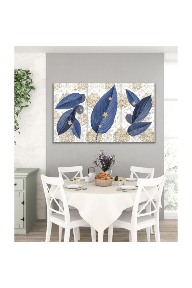 Hediyelik,dekoratif- Mavi Yapraklar 3 Parça Mdf Tablo