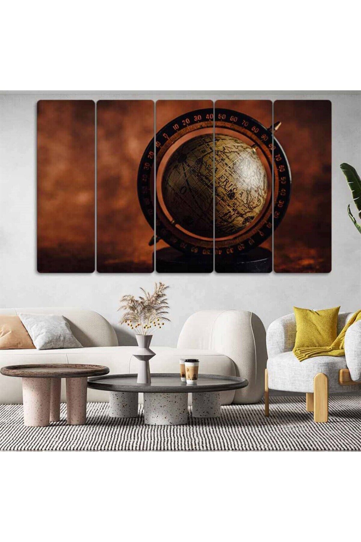 Vintage Dünya Haritası Küre - 5 Parçalı Tablo