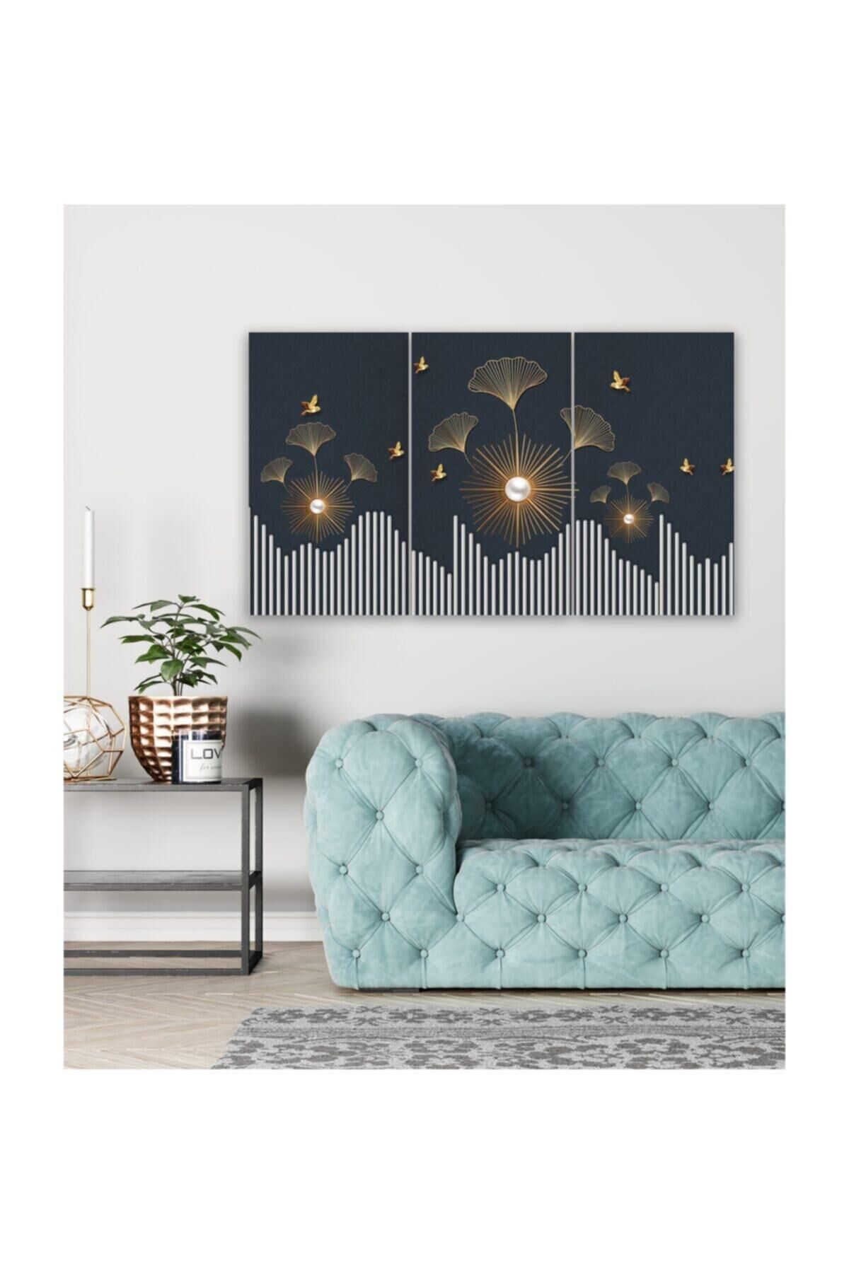 Hediyelik,dekoratif- Gold Yapraklar 3 Parça Mdf Tablo