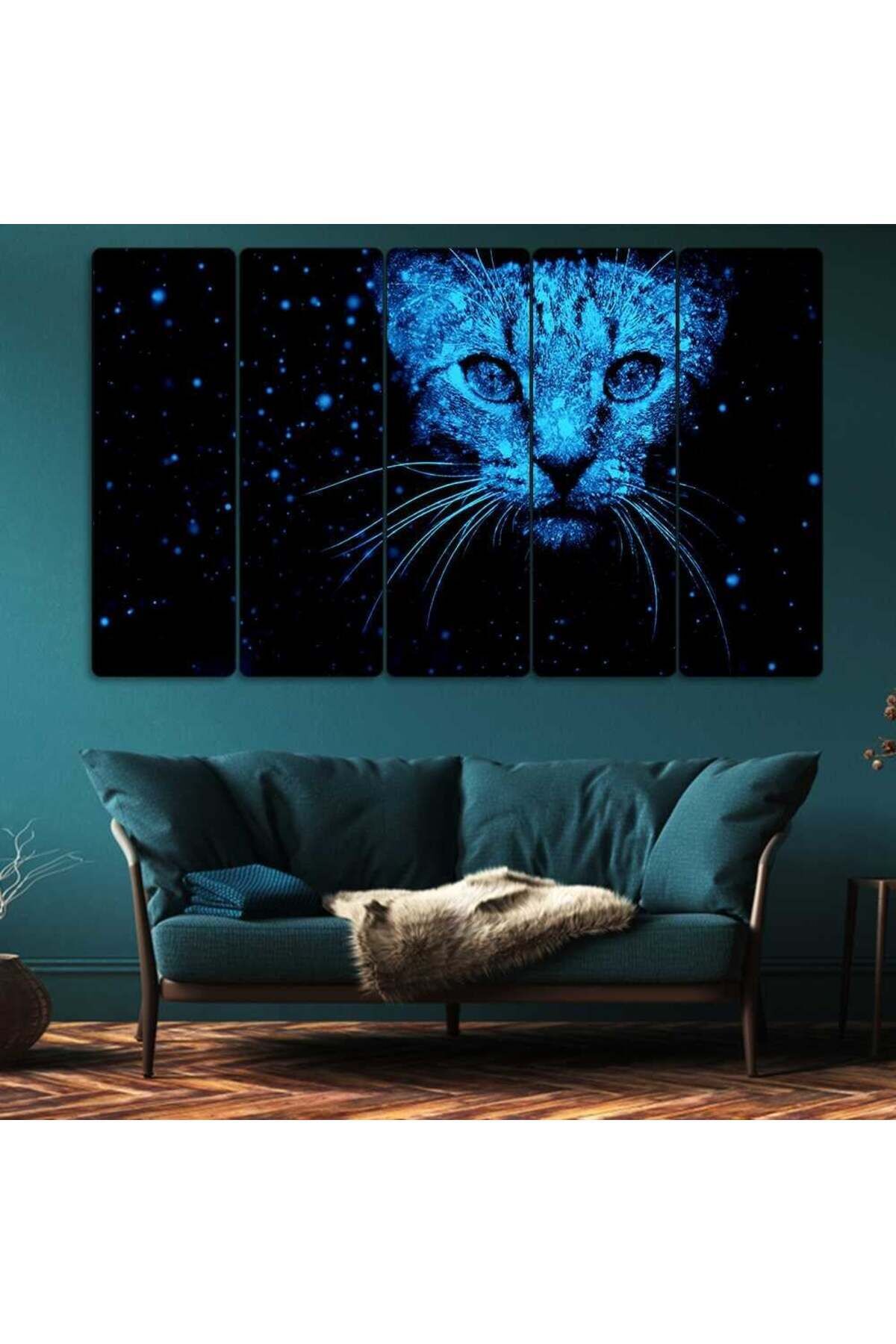 Neon Mavi Kedi, Kar - 5 Parçalı Tablo