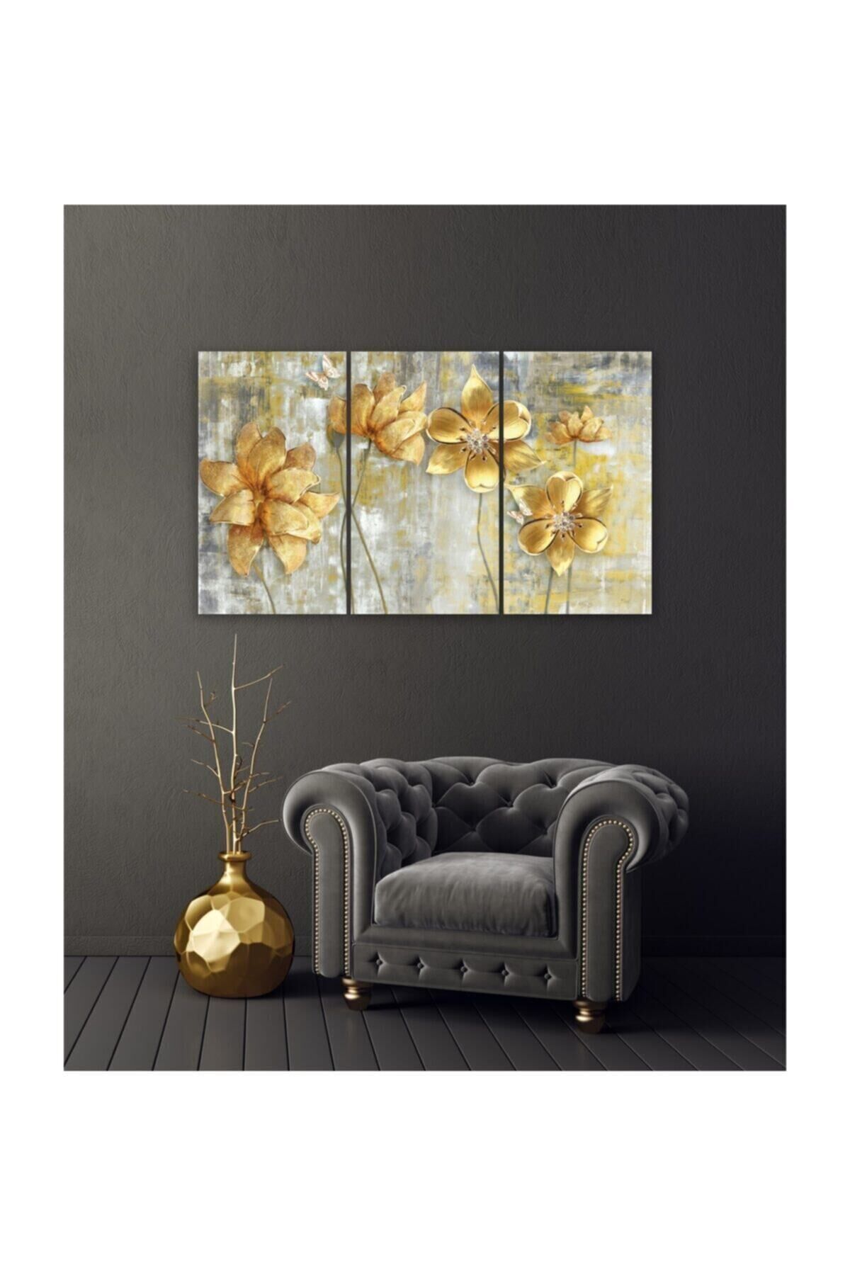 Hediyelik,dekoratif- Gold Çiçekler 3 Parça Mdf Tablo
