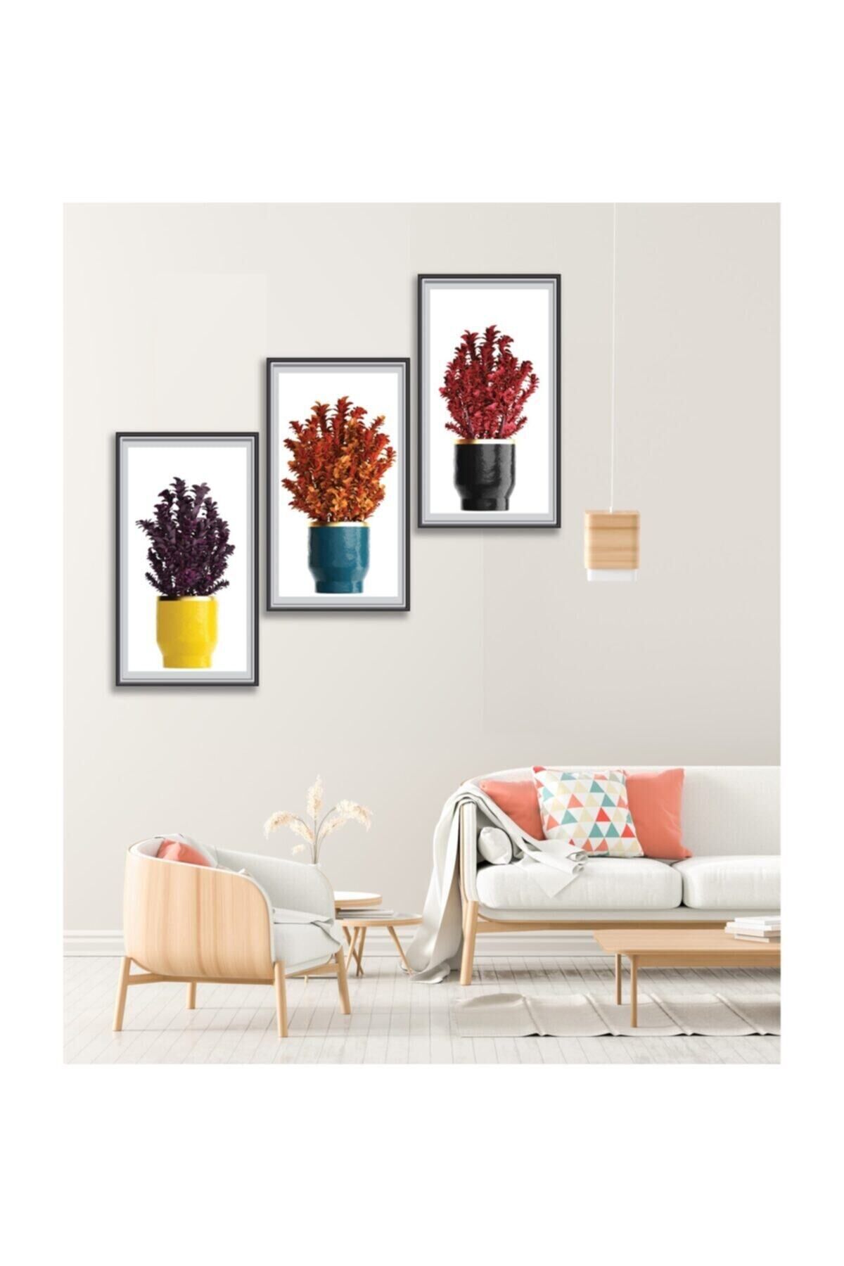 Hediyelik,dekoratif- Renkli Saksılar 3 Parça Mdf Tablo 2