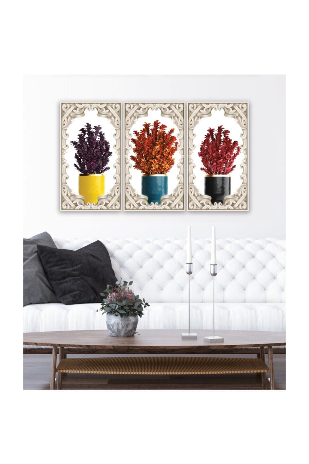 Hediyelik,dekoratif- Renkli Saksılar 3 Parça Mdf Tablo