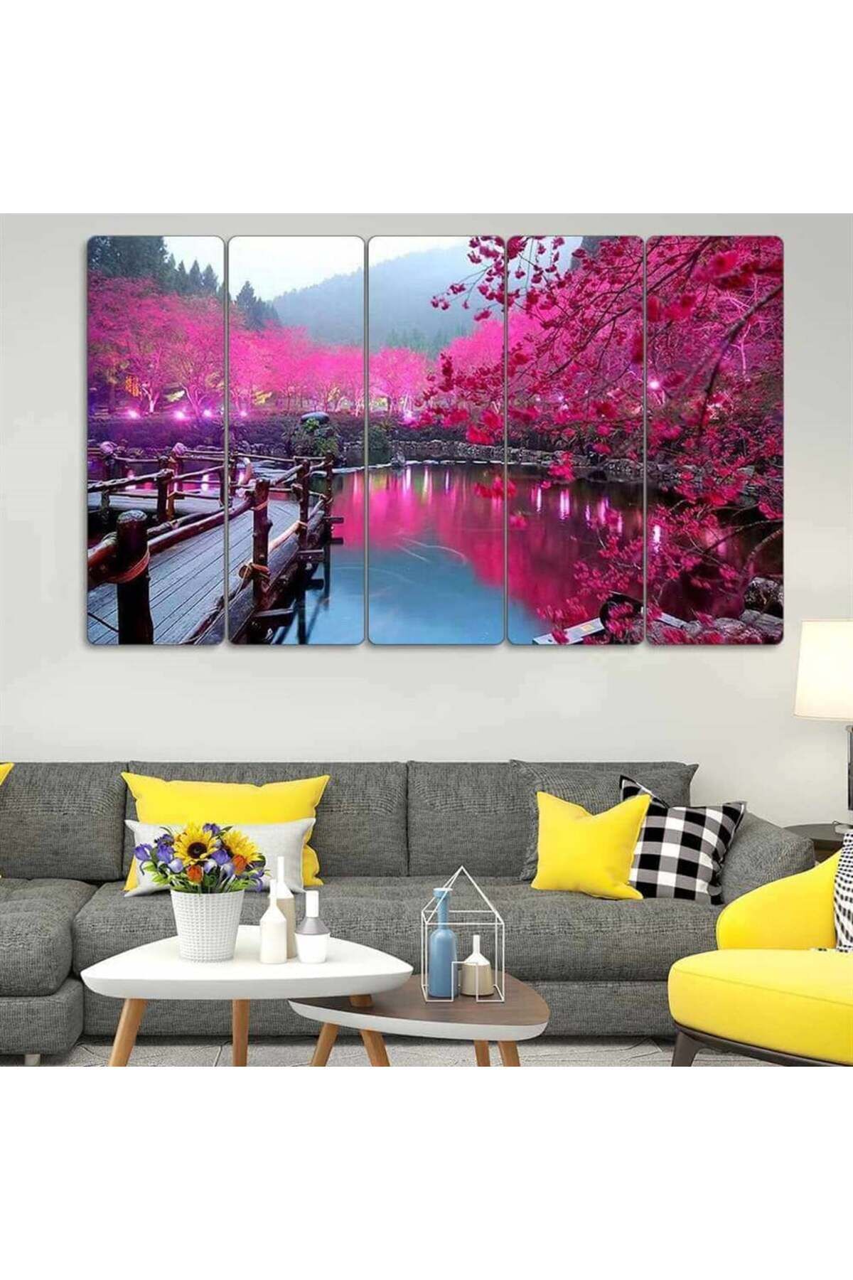 Tayvan, Sun Moon Gölü, Kiraz Çiçekleri - 5 Parçalı Tablo