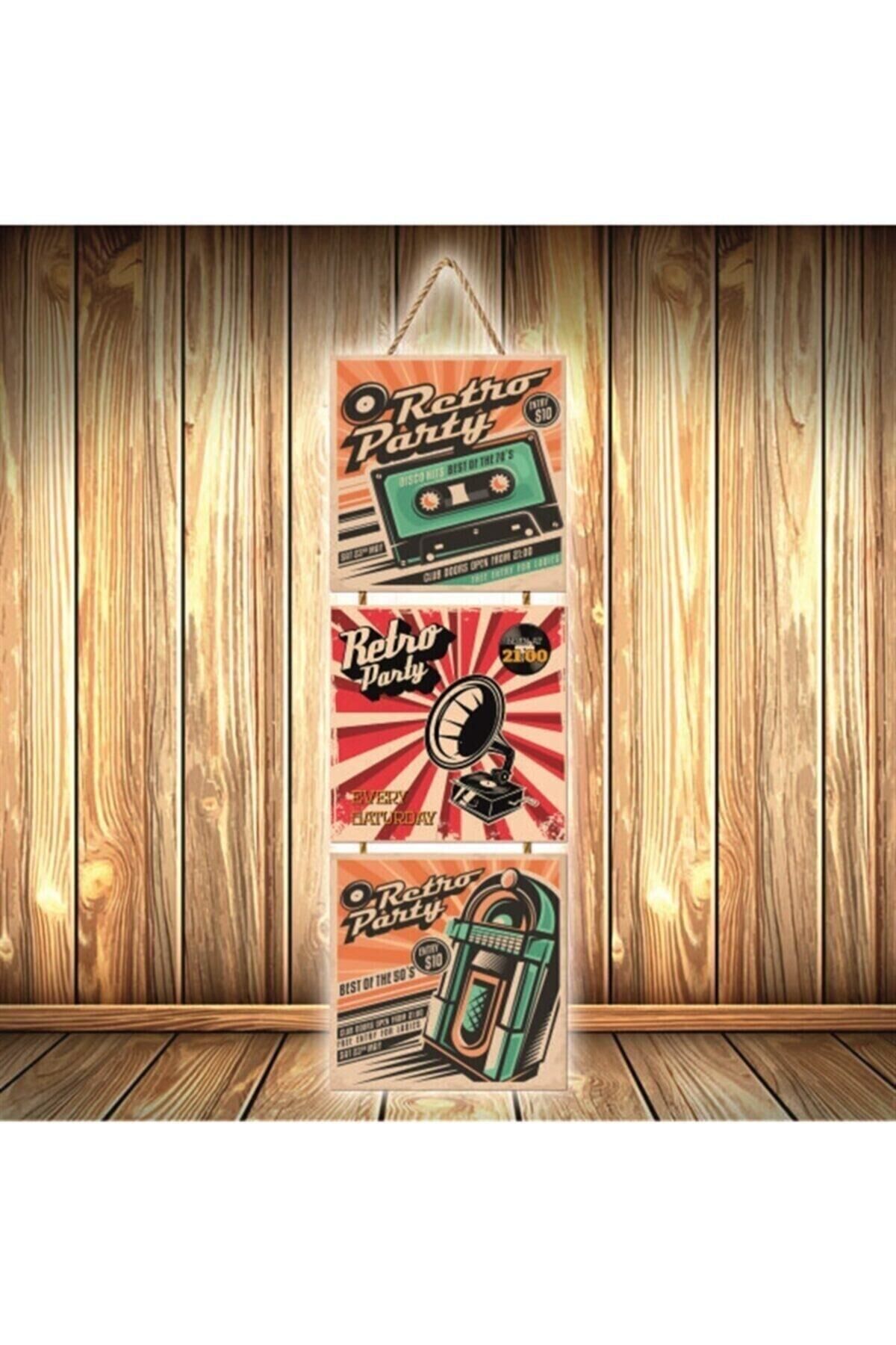 Retro Party Tasarımlı Üçlü Retro Ahşap Poster Ü336