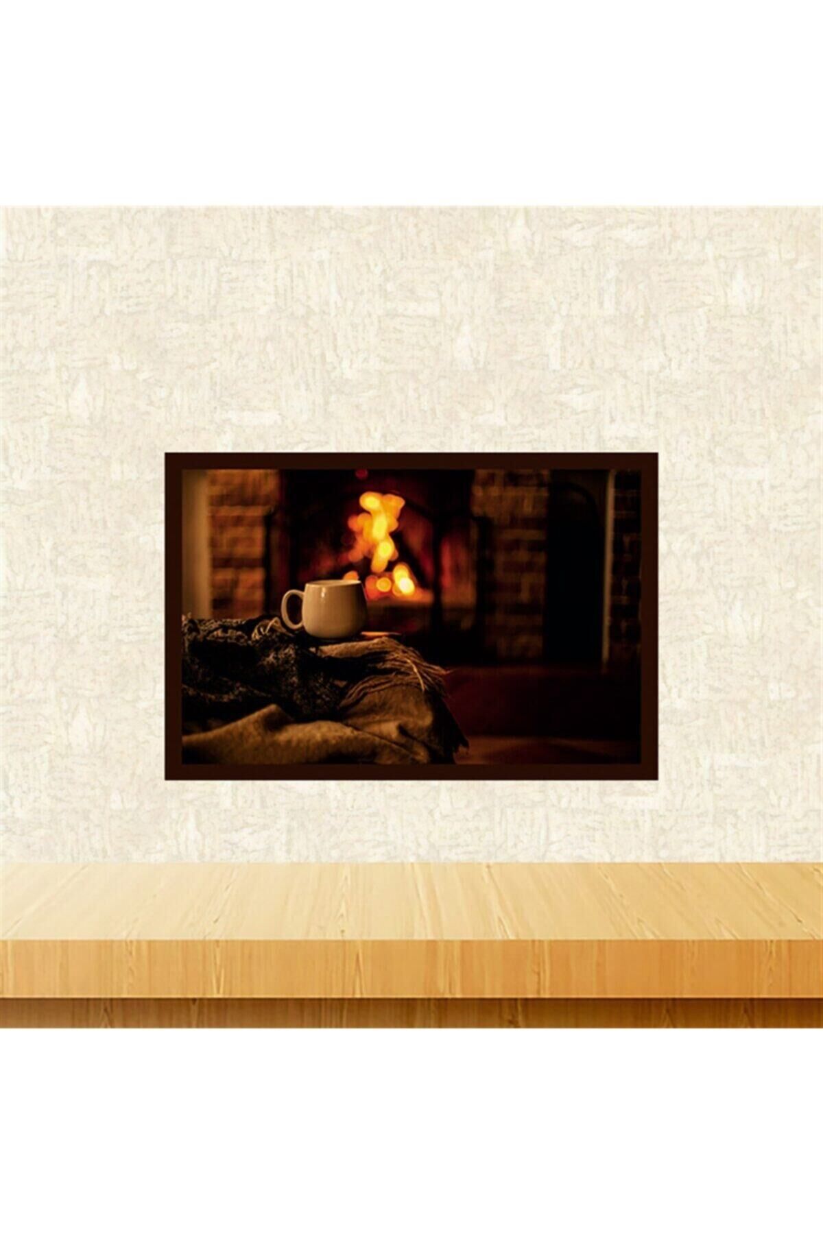 Kahve Şömine Tasarımlı Retro Ahşap Tablo 20-30 Cm Tkfx5943