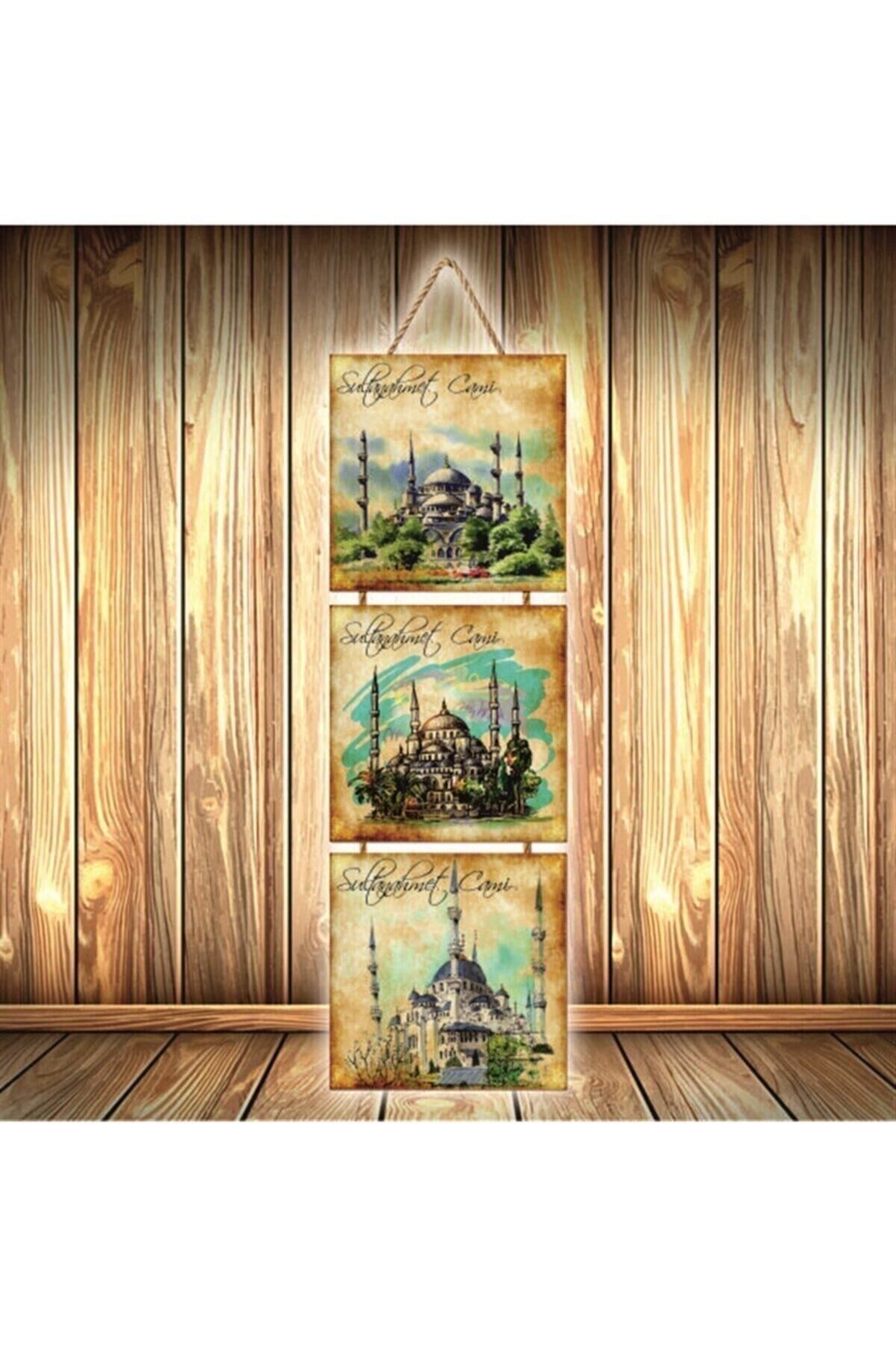 Sultanahmet Camii Tasarımlı Üçlü Retro Ahşap Poster Ü526