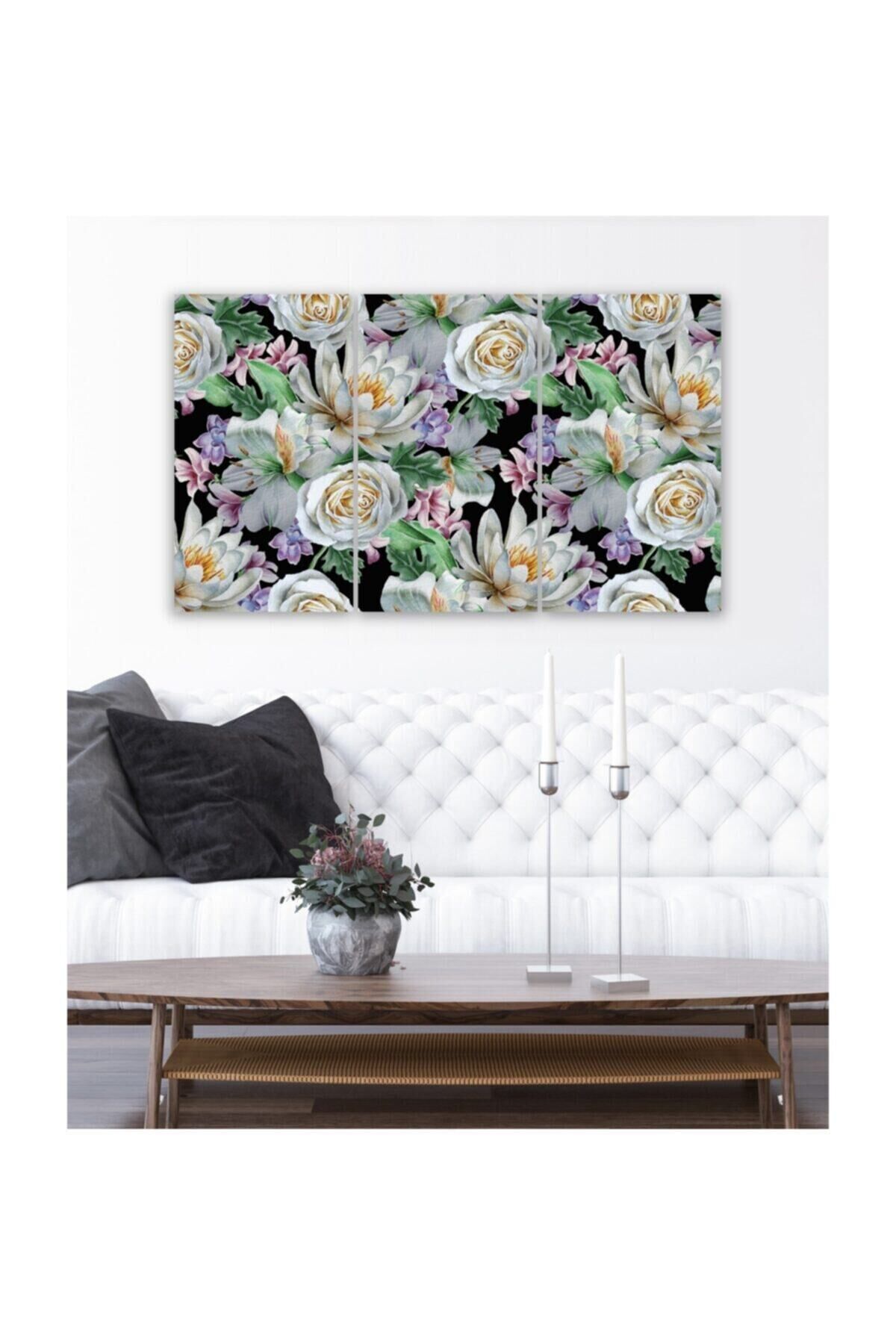 Hediyelik,dekoratif- Beyaz Güller Desen 3 Parça Mdf Tablo